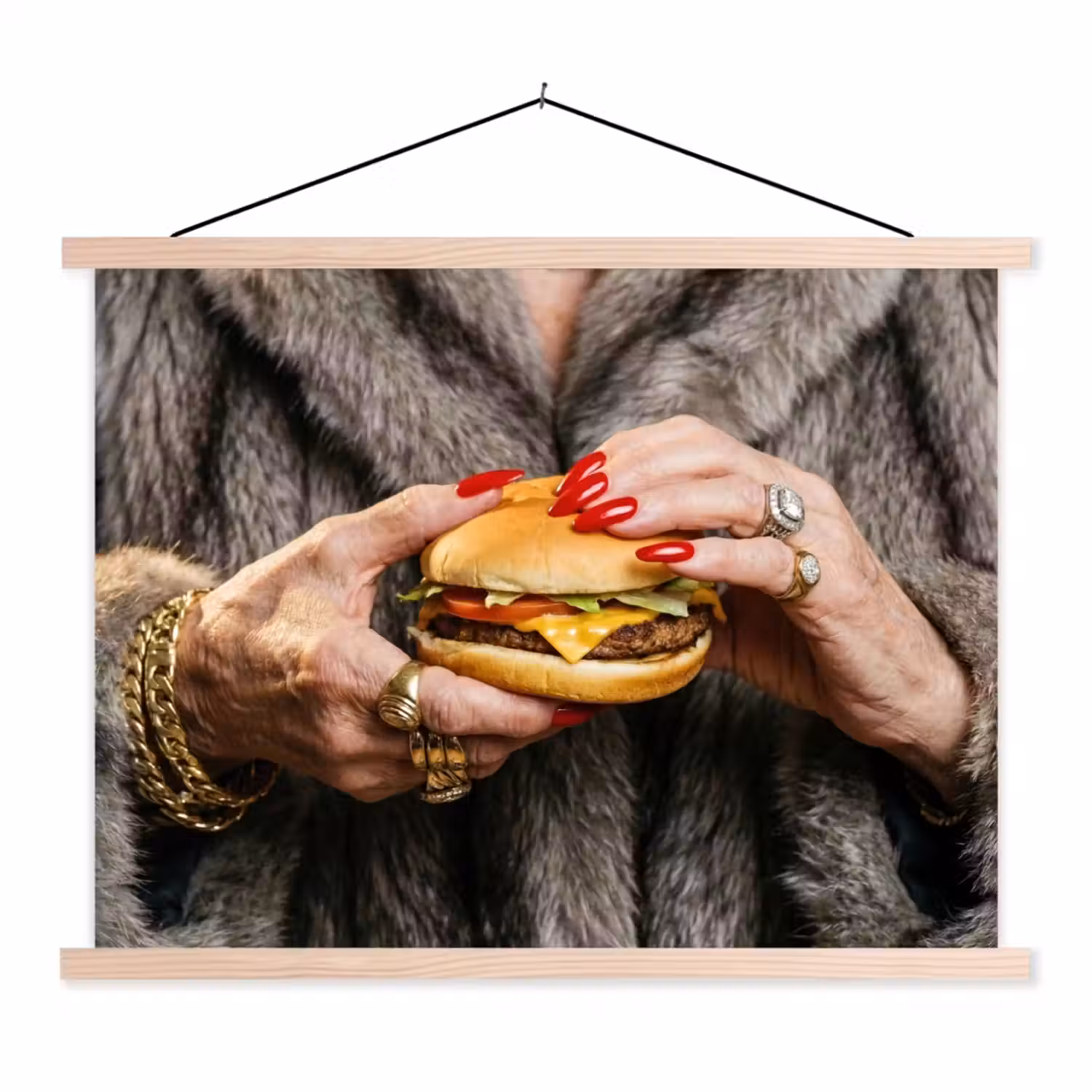 Vrouw - Hamburger - Bontjas textielposter latten blank klein -3d