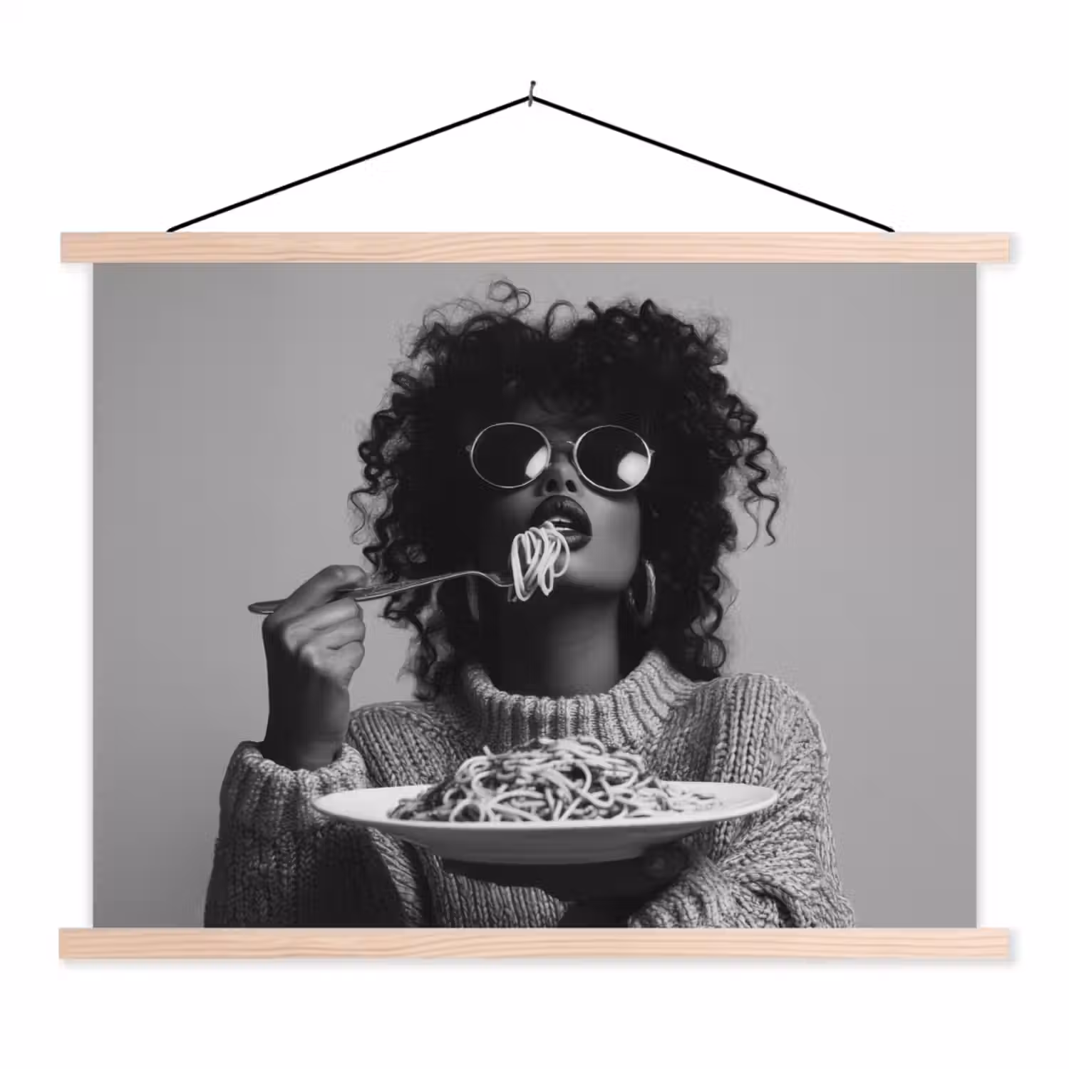 Vrouw - Pasta - Zwart - Wit textielposter latten blank klein -3d