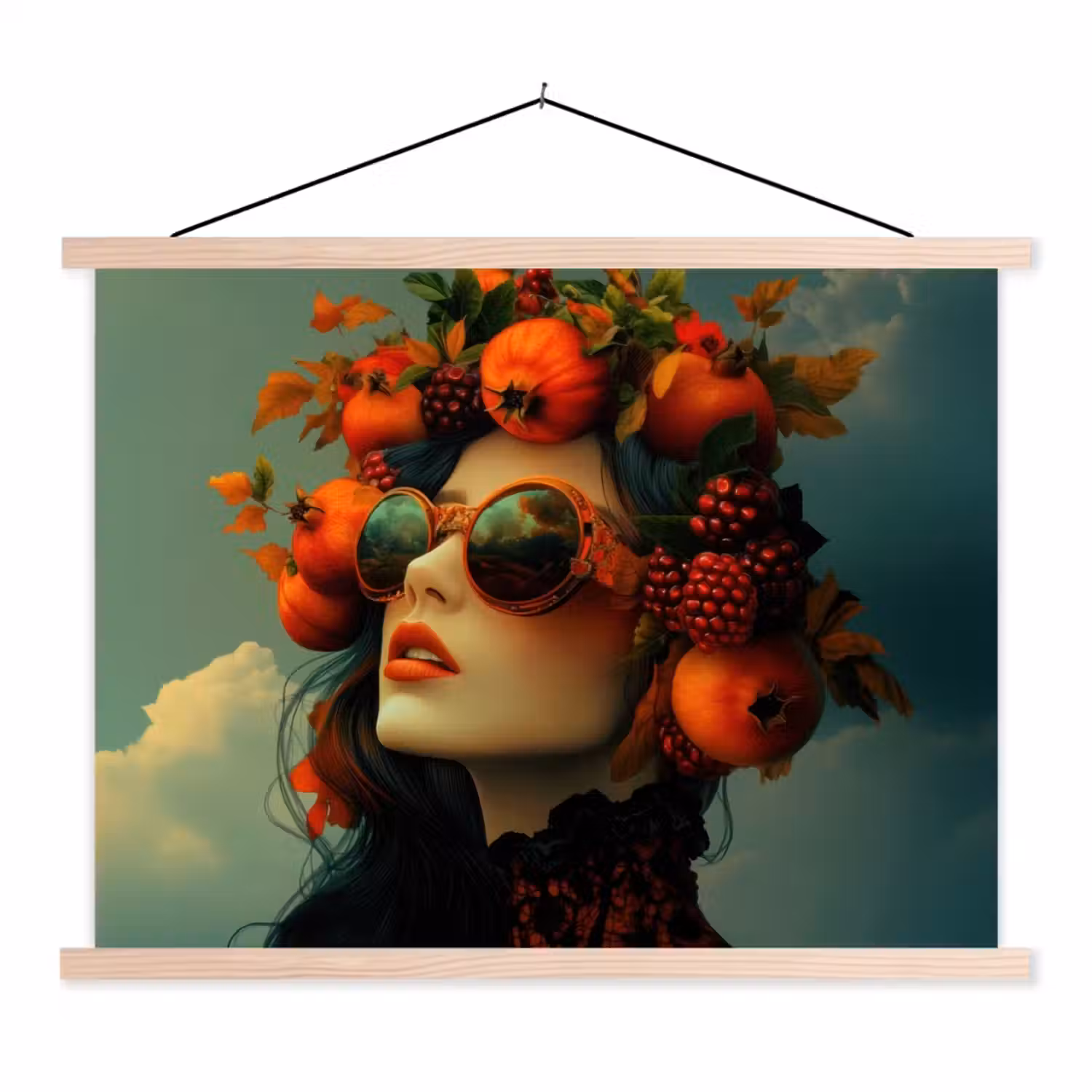 Vrouw - Granaatappel - Herfst - Zonnebril textielposter latten blank klein -3d