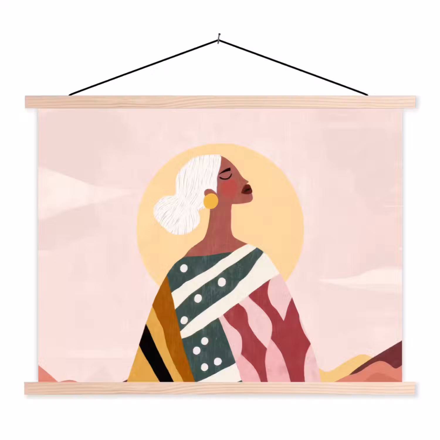 Vrouw - Zon - Kleurrijk textielposter latten blank klein -3d