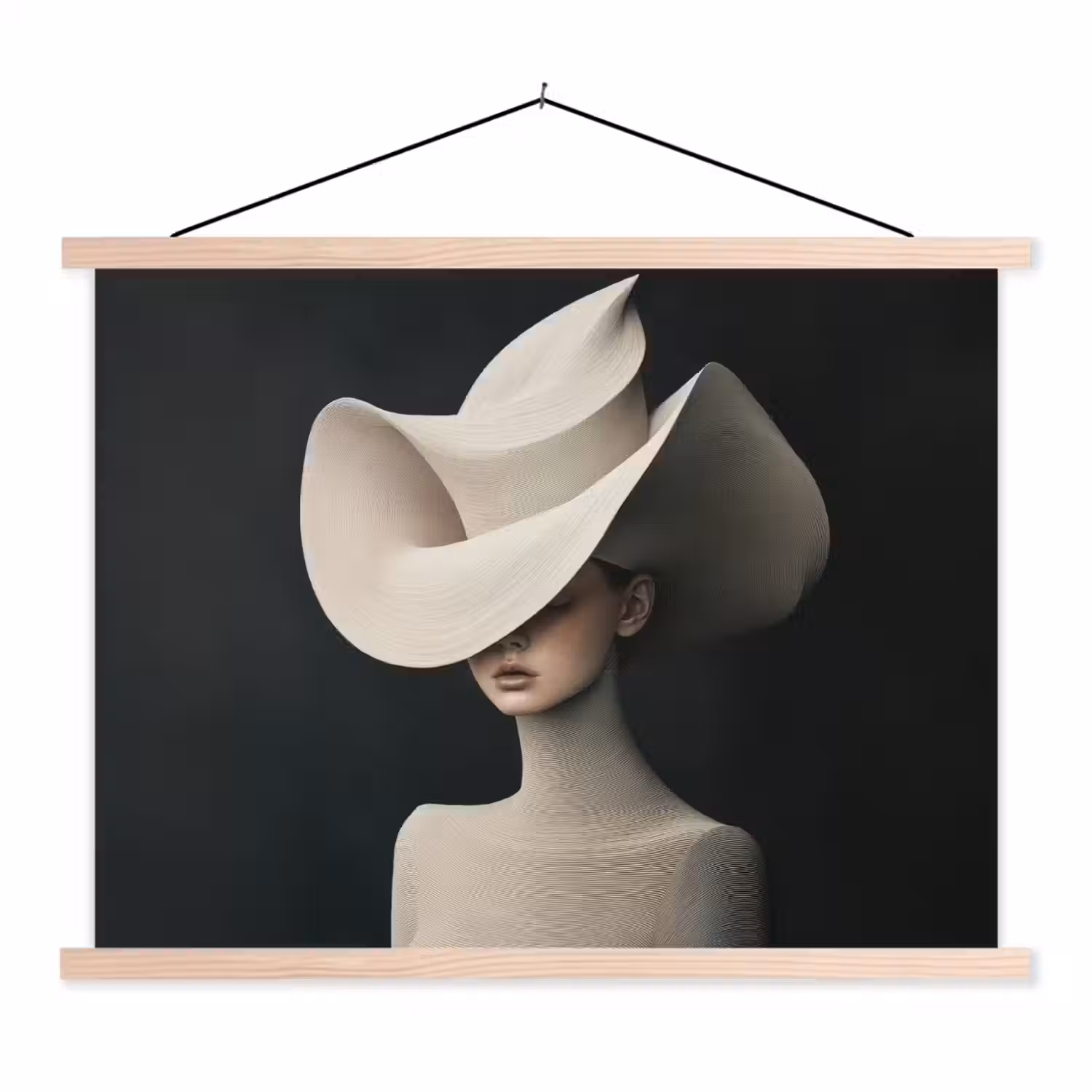 Vrouw - Golvende - Hoed textielposter latten blank klein -3d