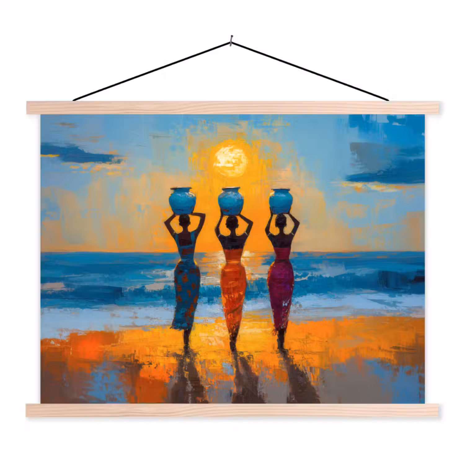 Vrouwen - Strand - Zondsondergang textielposter latten blank klein -3d