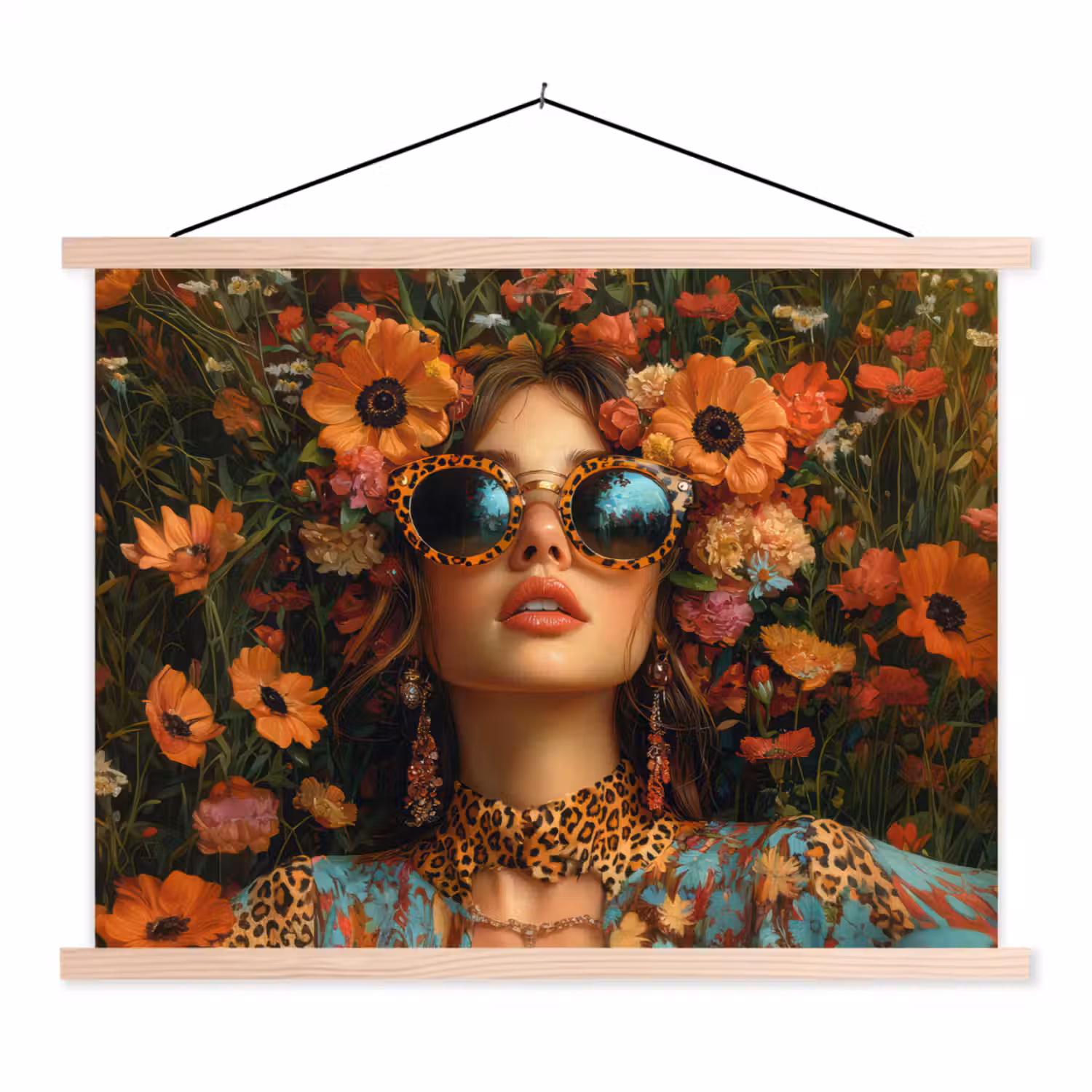 Vrouwen - Bloemen - Modern - Bril - Abstract textielposter latten blank klein -3d