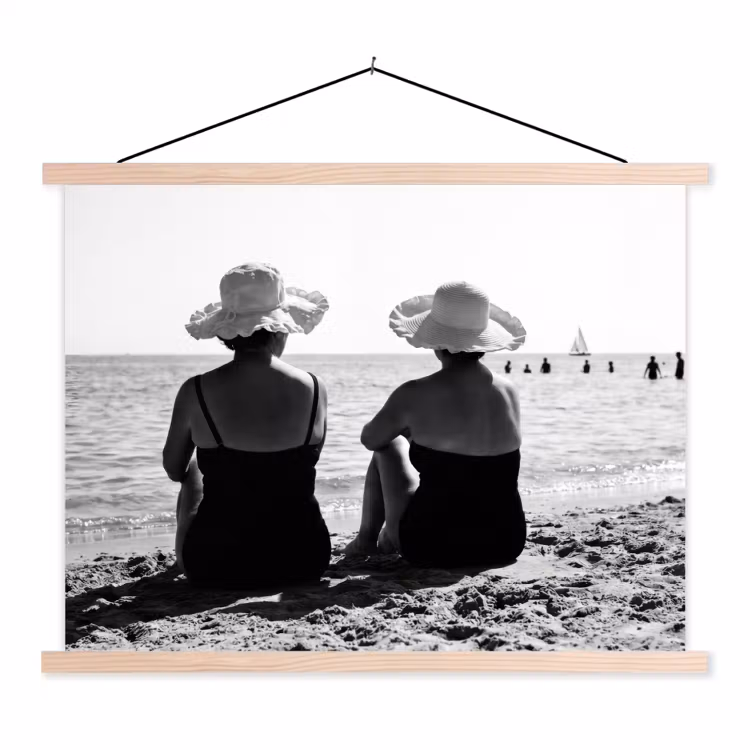 Vrouwen - Zonnehoed - Strand - Zwart - Wit textielposter latten blank klein -3d