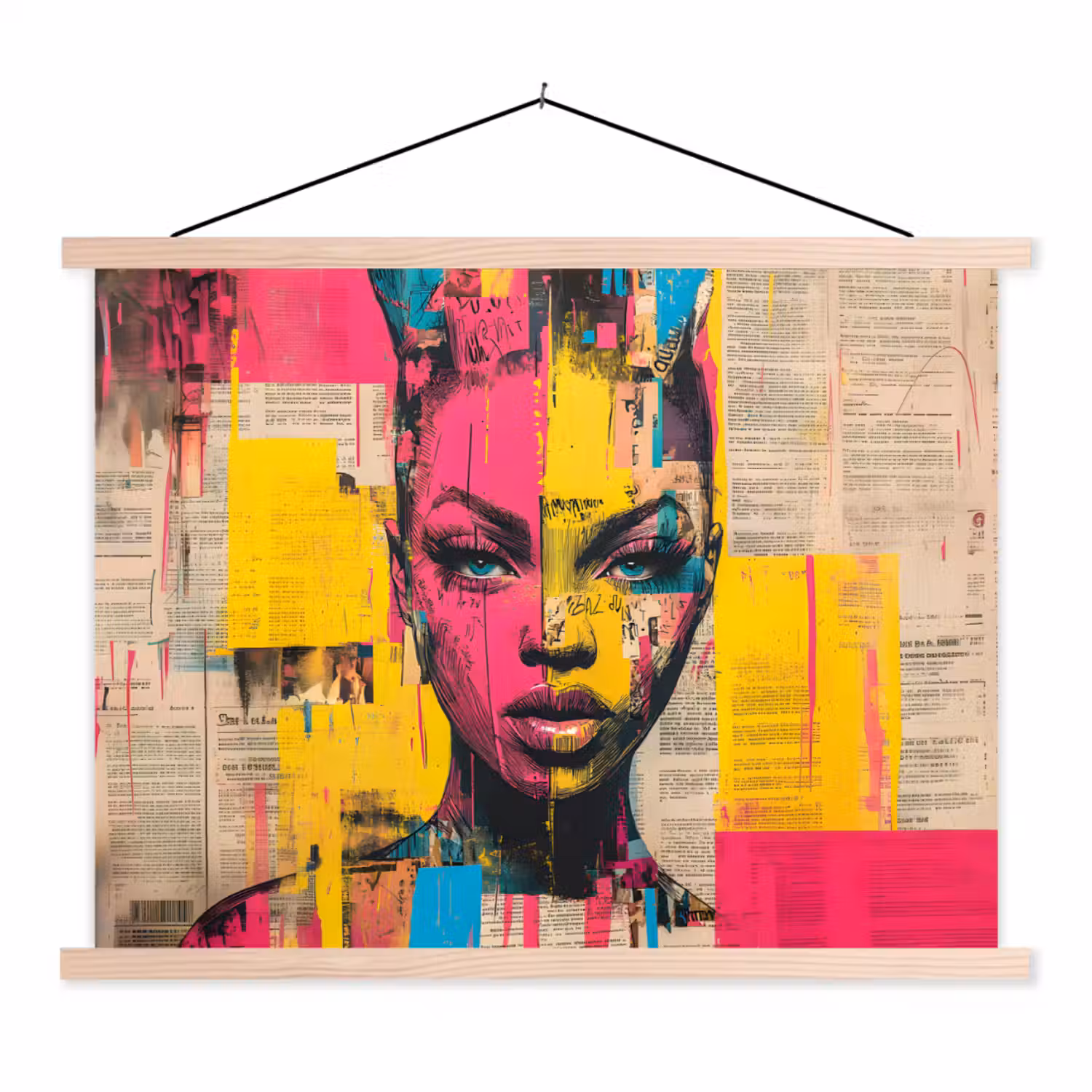 Vrouwengezicht - Krantenpapier - Abstract - Roze textielposter latten blank klein -3d