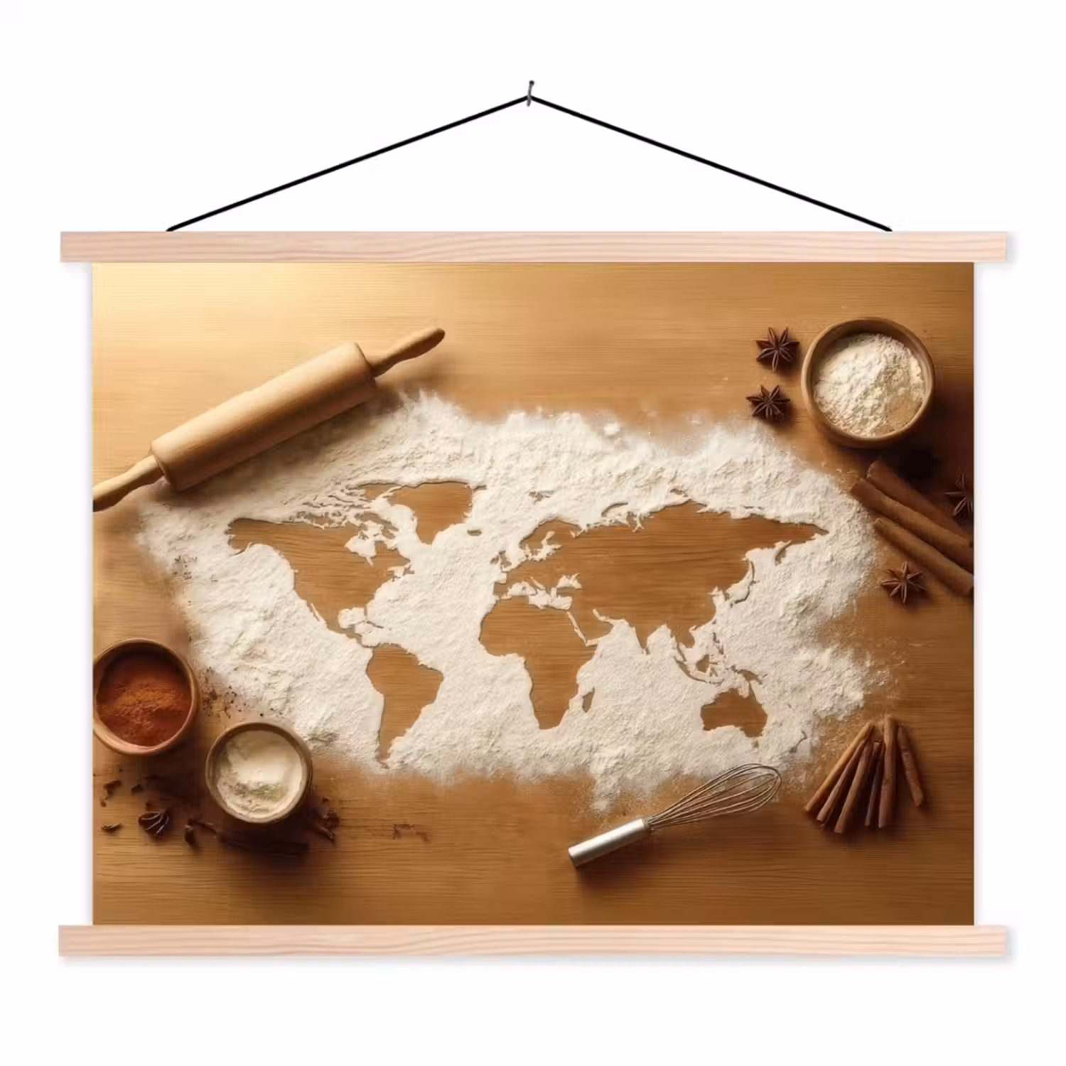 Hout - Wereldkaart - Bakken - Keuken textielposter latten blank klein -3d