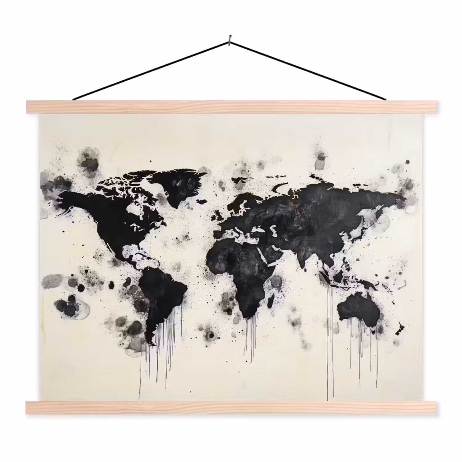Wereldkaart - Zwart - Inkt textielposter latten blank klein -3d