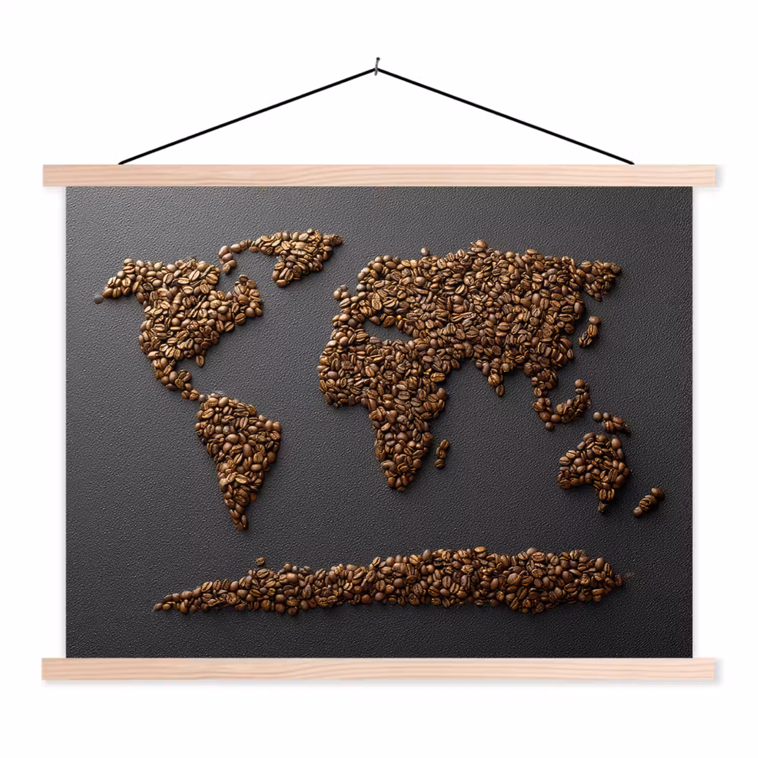 Wereldkaart - Koffie - Grijs textielposter latten blank klein -3d
