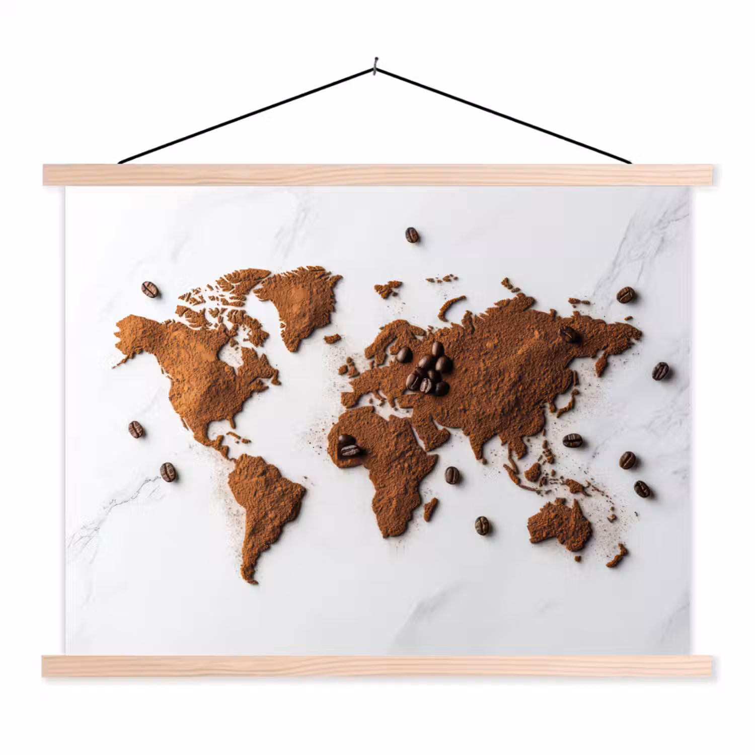 Wereldkaart - Koffie - Marmer textielposter latten blank klein -3d