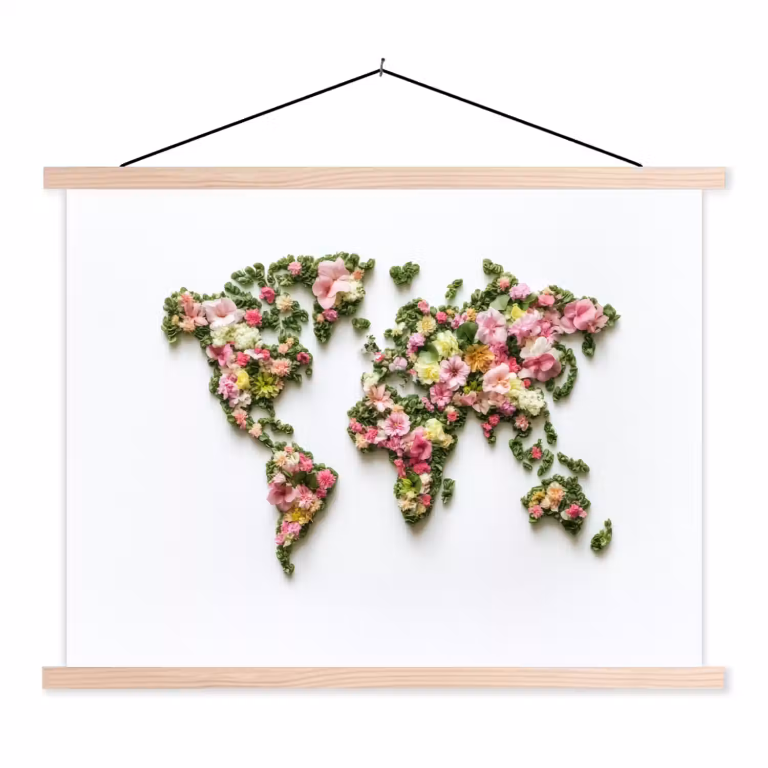 Wereldkaart - Kleurrijk - Bloemen - Lente textielposter latten blank klein -3d