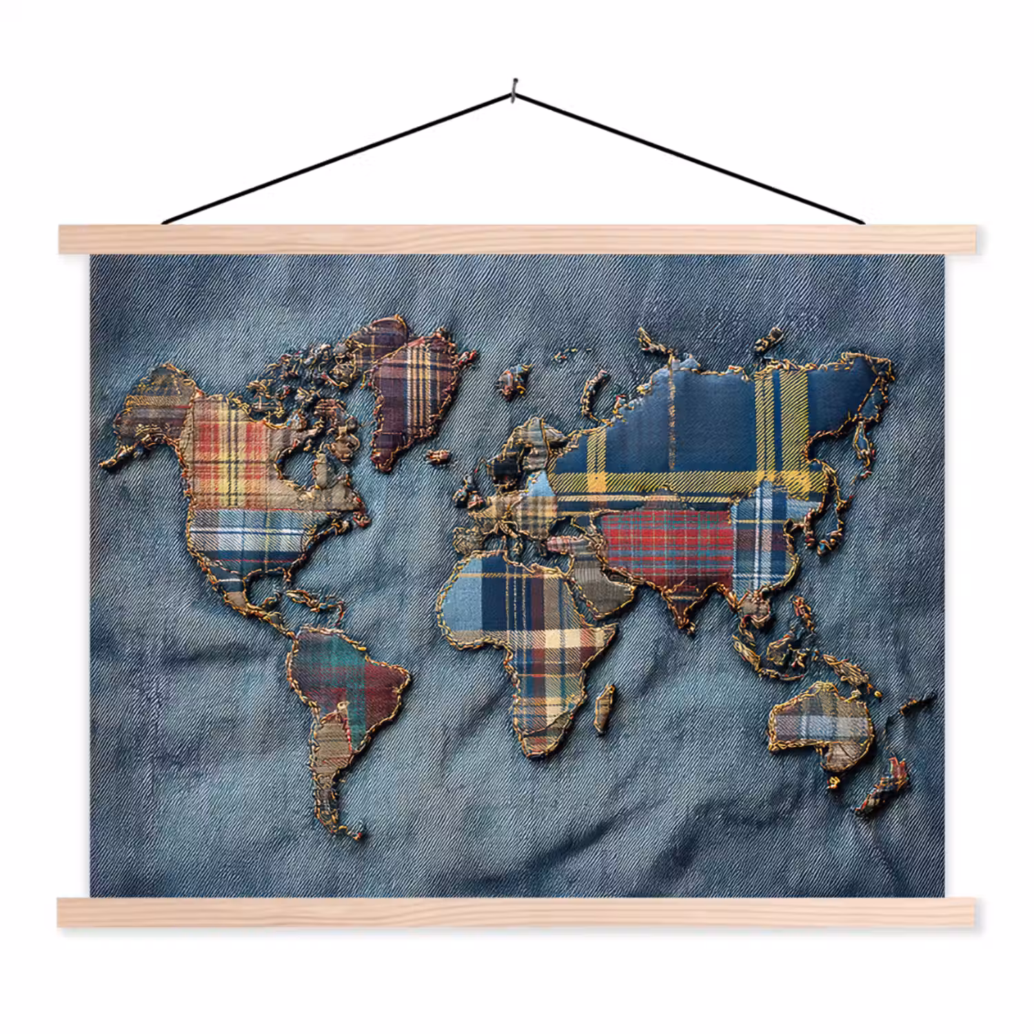 Wereldkaart - Denim - Textiel textielposter latten blank klein -3d