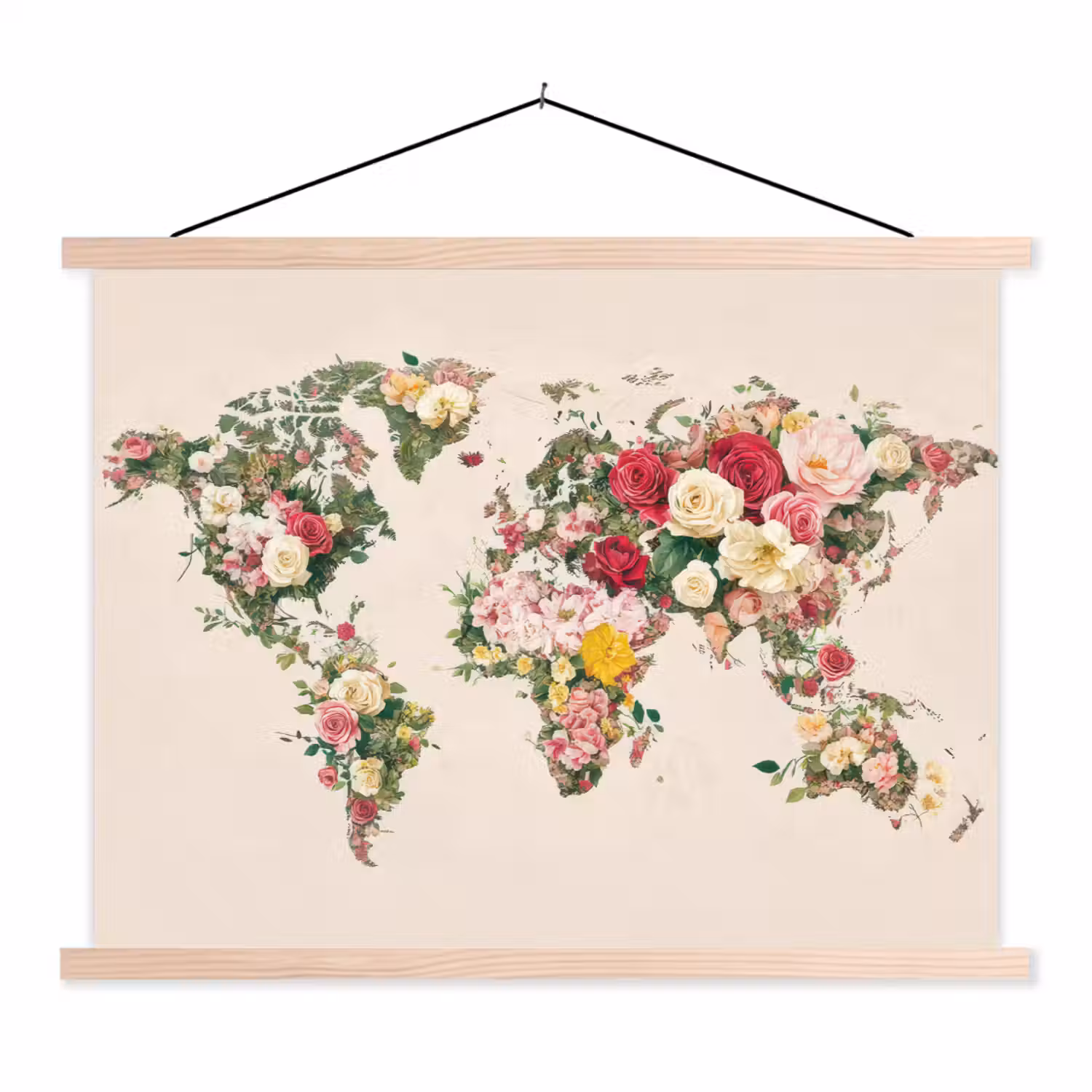 Wereldkaart - Bloemen - Roze textielposter latten blank klein -3d