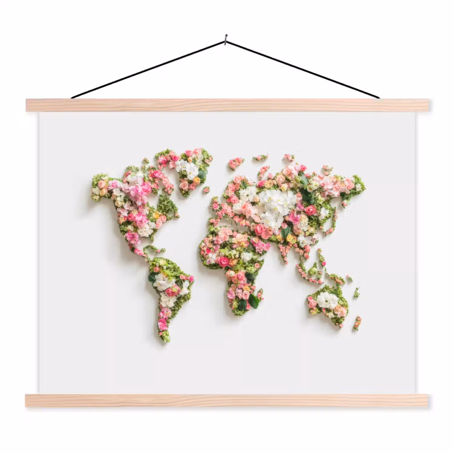 Wereldkaart - Bloemen - Subtiel textielposter latten blank klein -3d