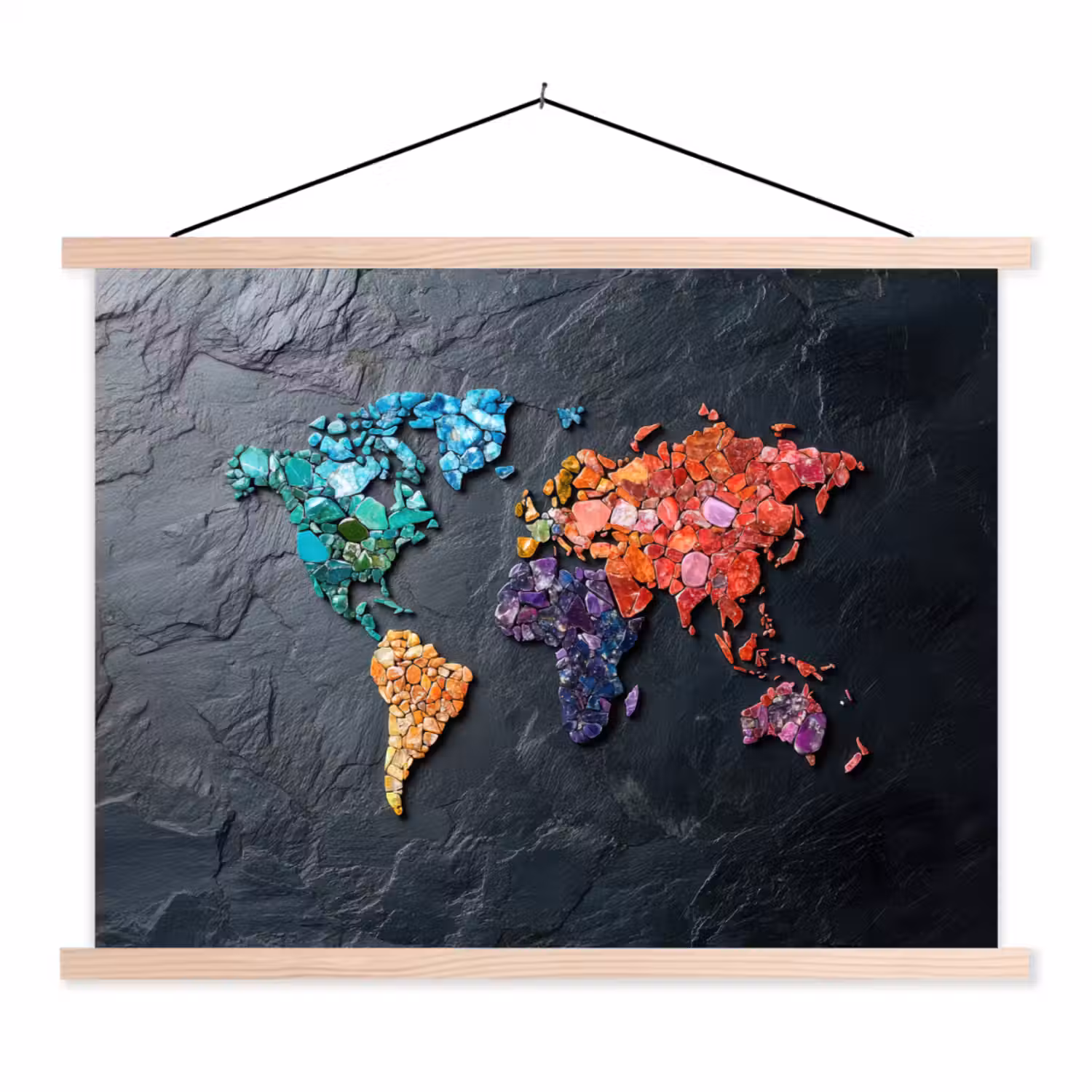 Wereldkaart - Edelstenen - Regenboog - Ruw textielposter latten blank klein -3d