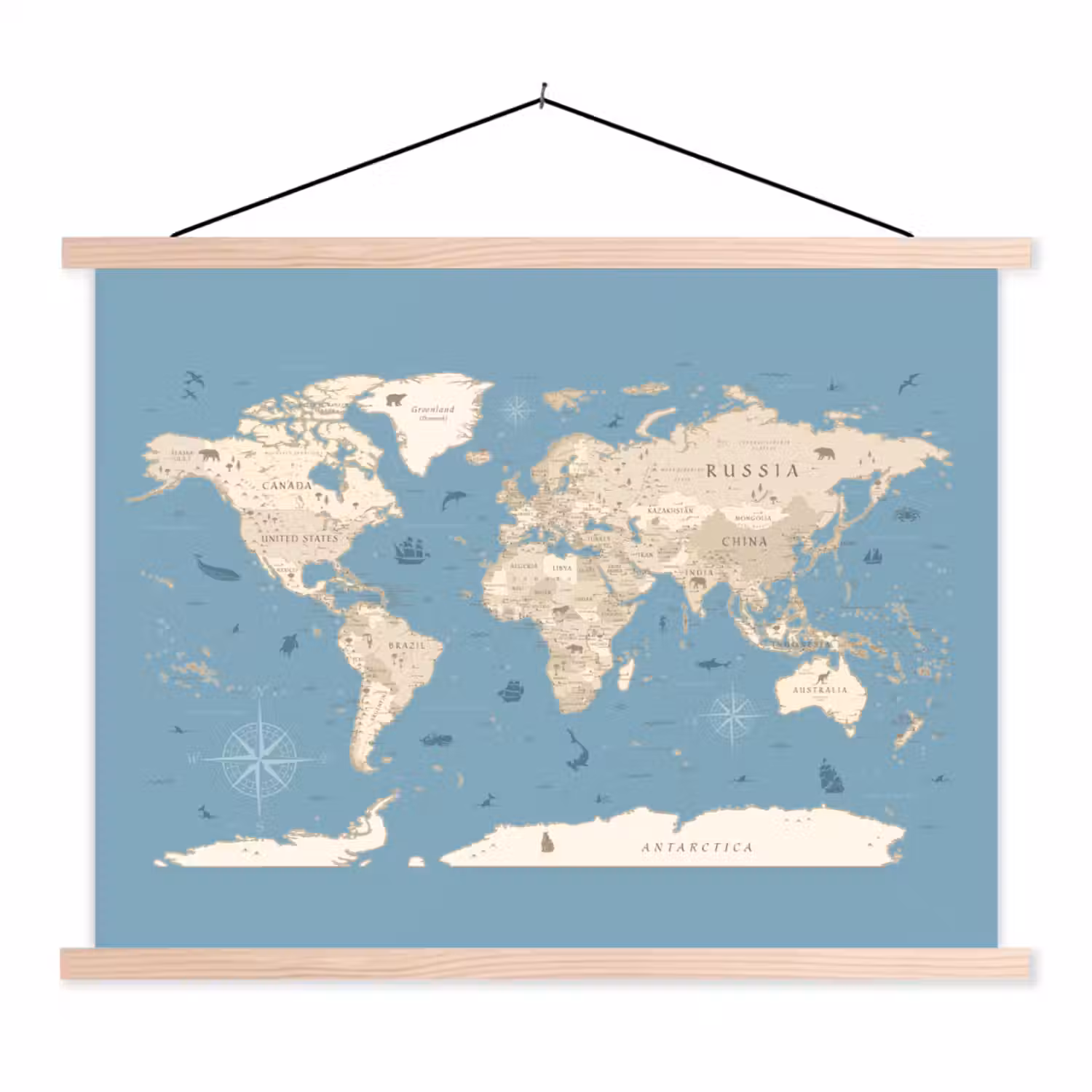 Wereldkaart - Oceaan - Realistisch - Blauw textielposter latten blank klein -3d