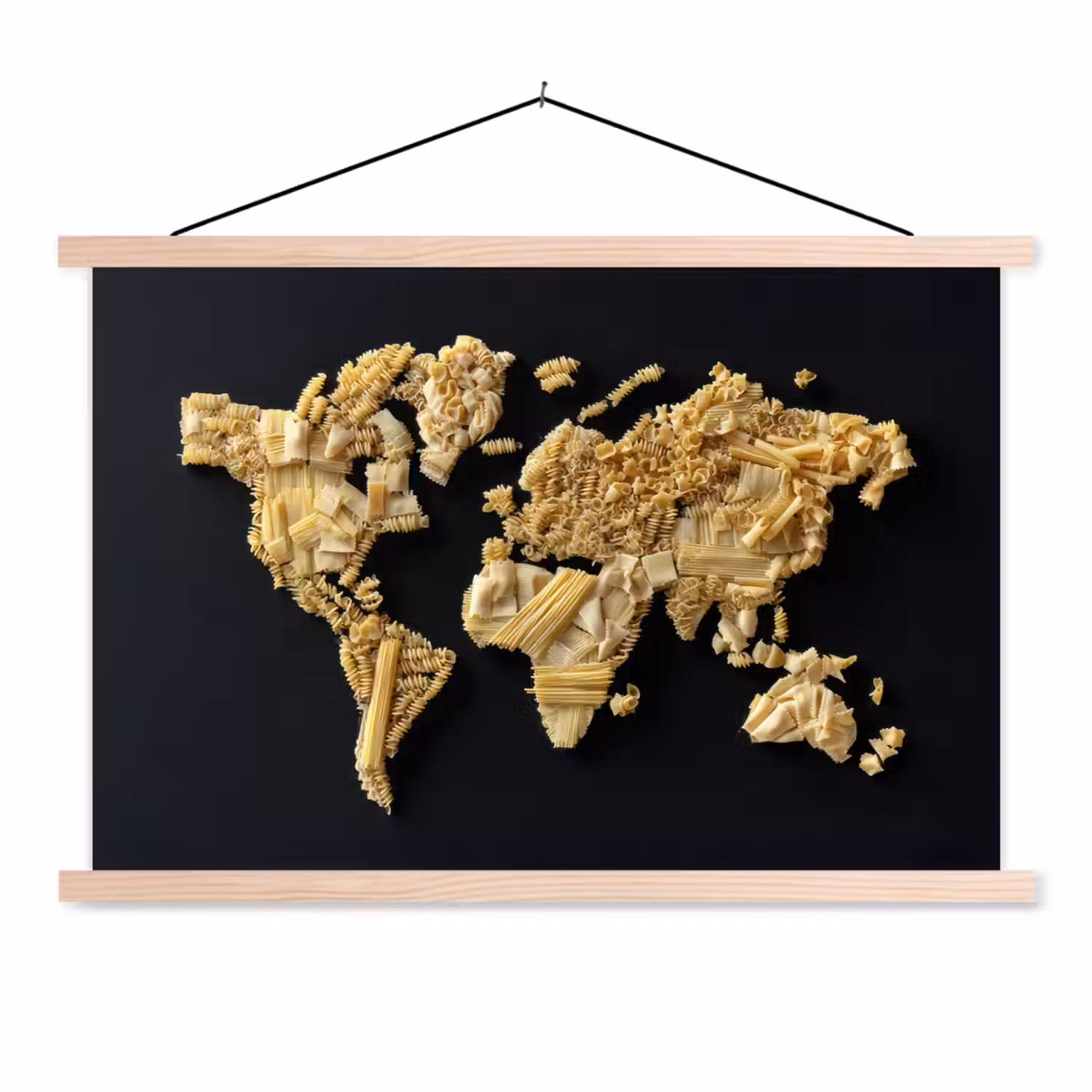 Wereldkaart - Pasta - Zwart textielposter latten blank klein -3d