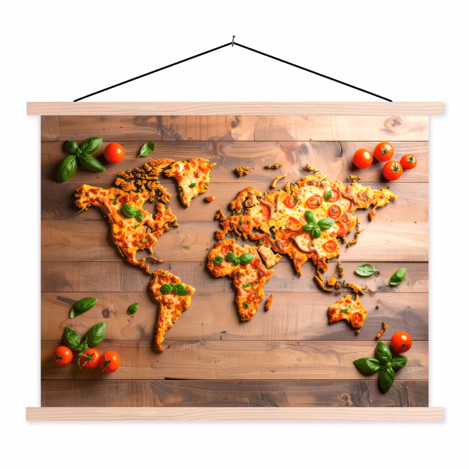 Wereldkaart - Pizza - Houten ondergrond textielposter latten blank klein -3d