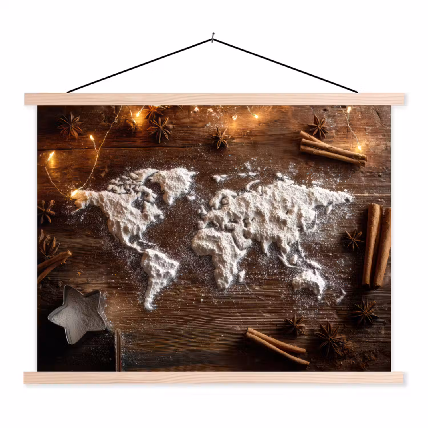 Wereldkaart - Poedersuiker - Hout textielposter latten blank klein -3d