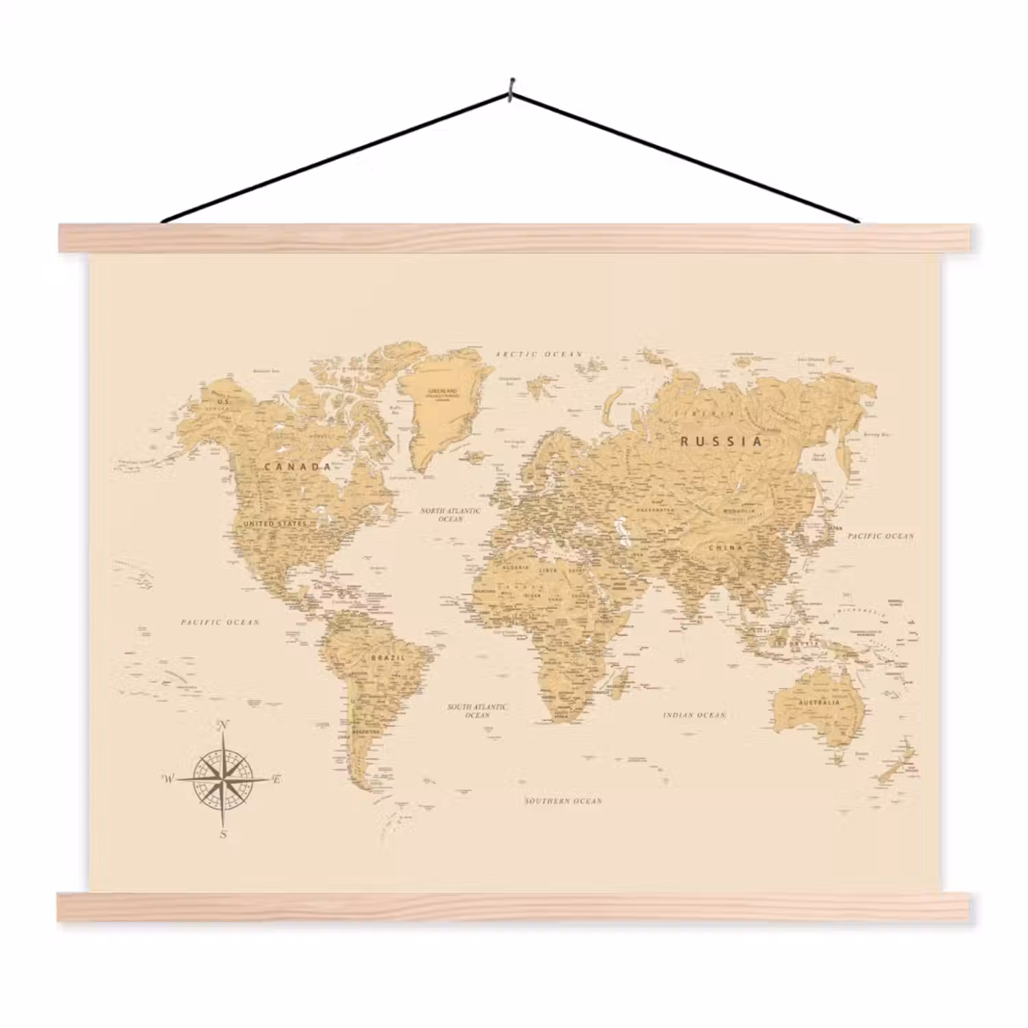 Wereldkaart - Realistisch - Beige textielposter latten blank klein -3d
