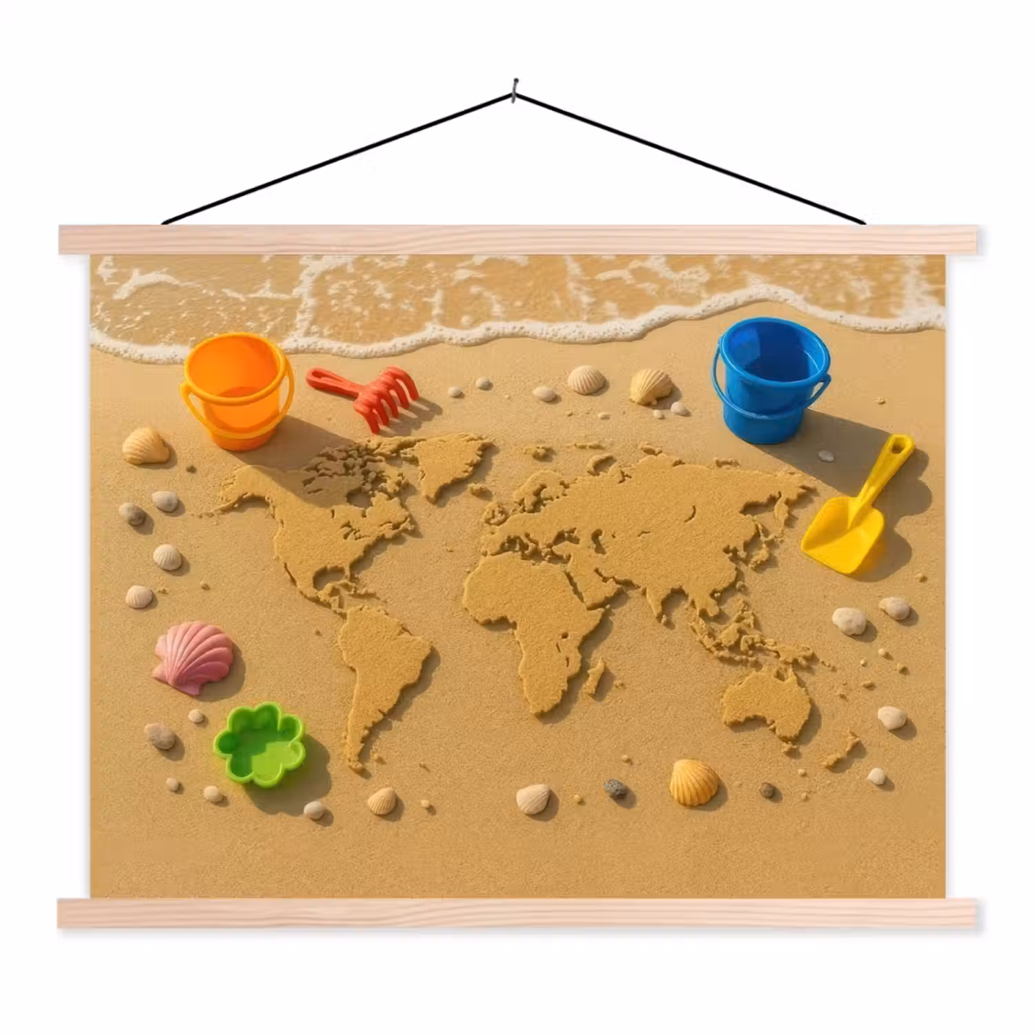 Wereldkaart - Zand - Kleurrijk - Zomer textielposter latten blank klein -3d