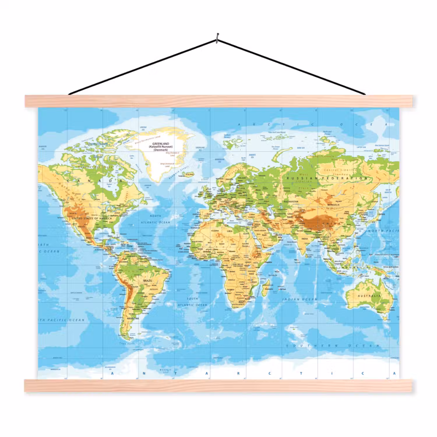Wereldkaart - Staatkundig - Blauw - Aarde - Educatief textielposter latten blank klein -3d
