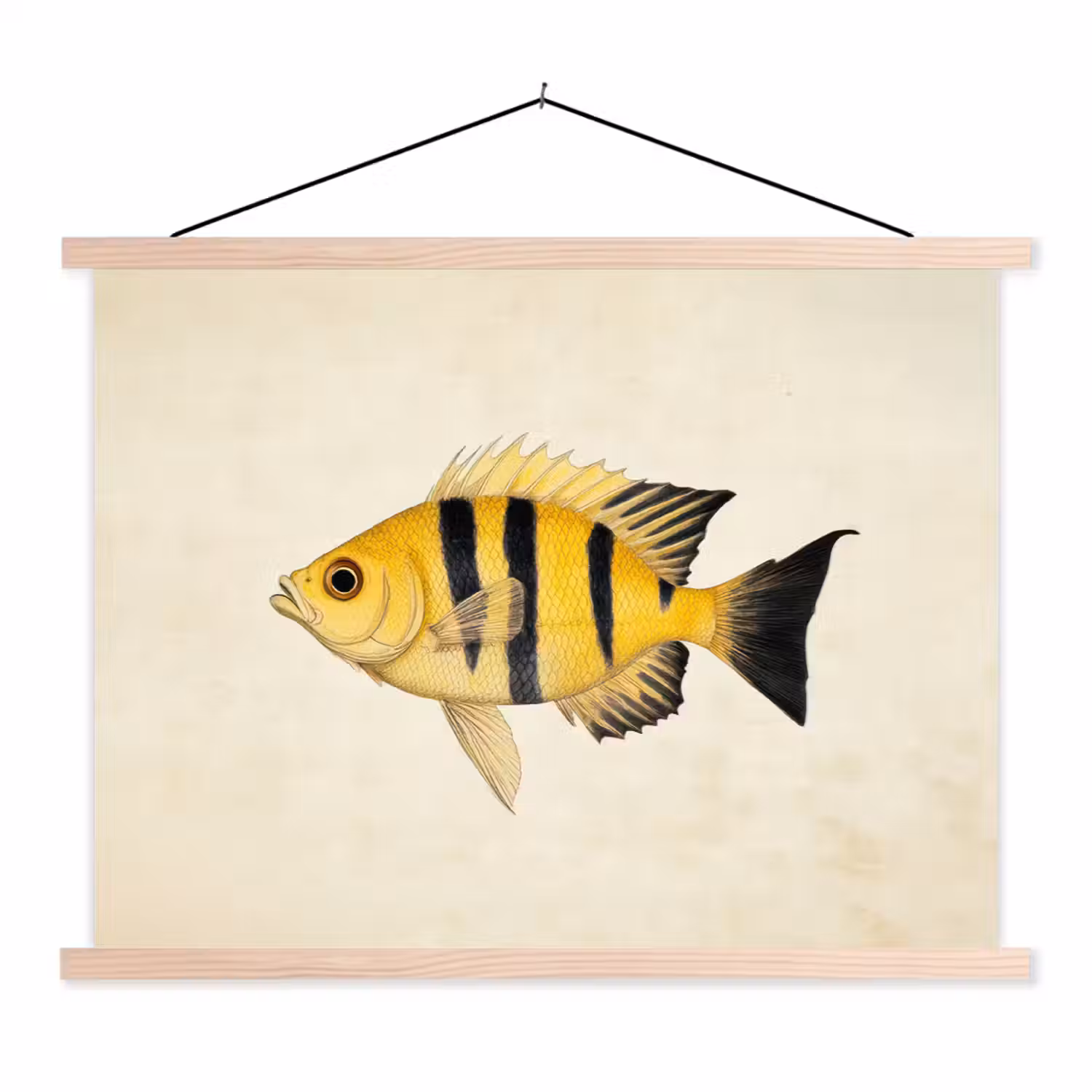Geel - Vis - Strepen - Tropisch textielposter latten blank klein -3d
