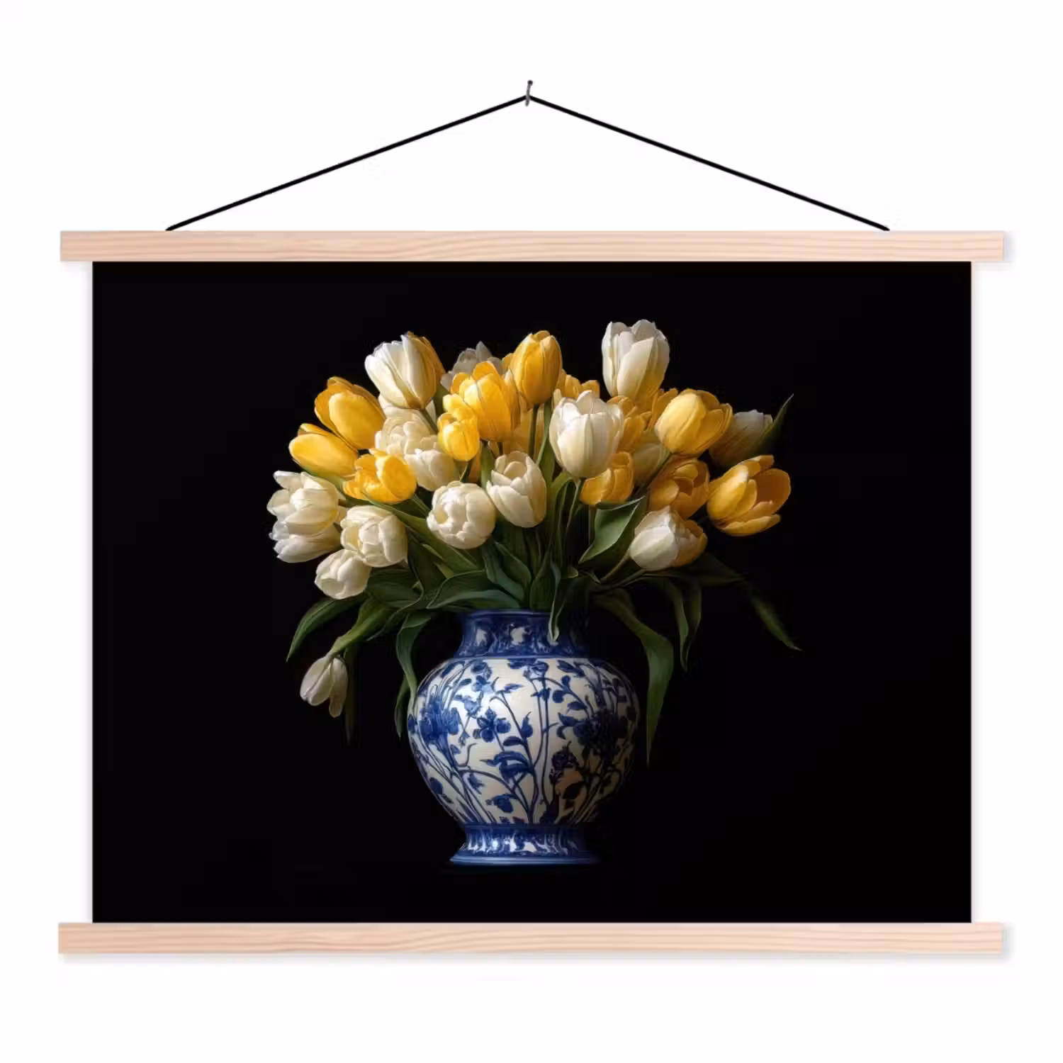 Geel - Tulpen - Vaas - Bloemen textielposter latten blank klein -3d
