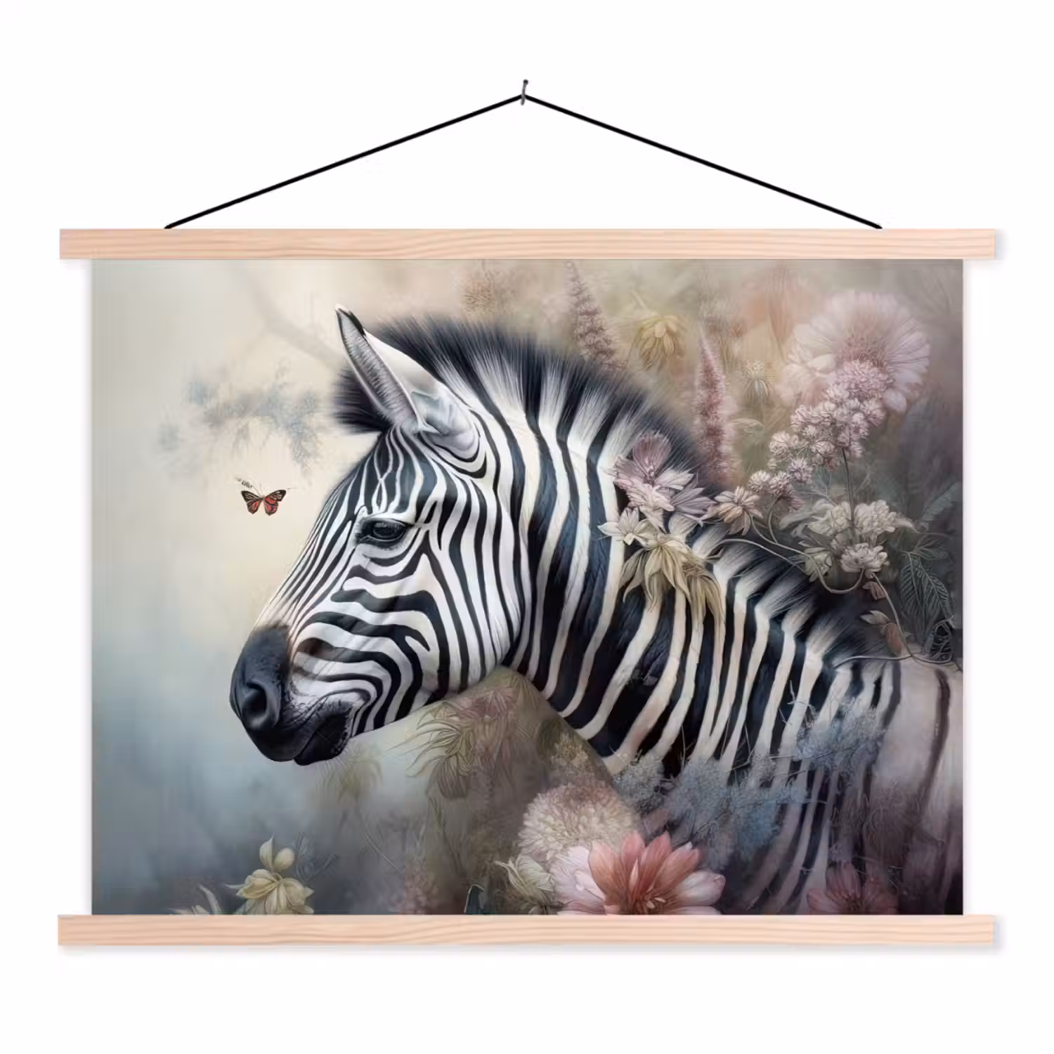 Zebra - Wilde dieren - Vlinder - Bloemen textielposter latten blank klein -3d
