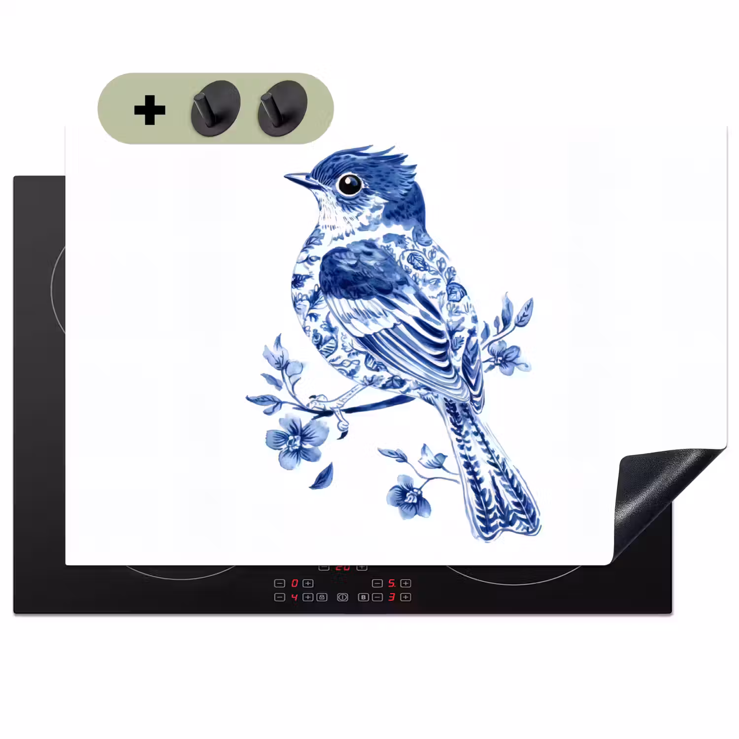 Vogel - Delfts blauw - Illustratie - Bloemen Inductie beschemer met haakjes klein -3d