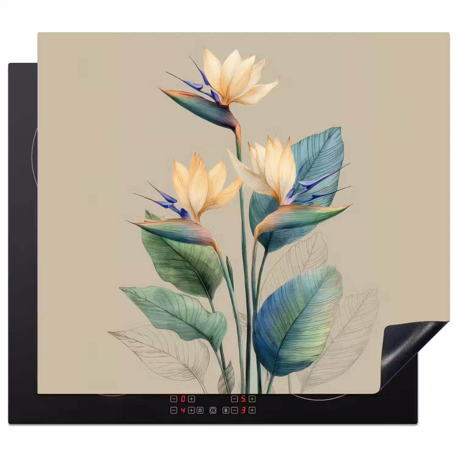 Paradijsvogelbloemen - Blauwgroene bladeren - Beige Inductie beschermer vinyl 3mm middel -3d
