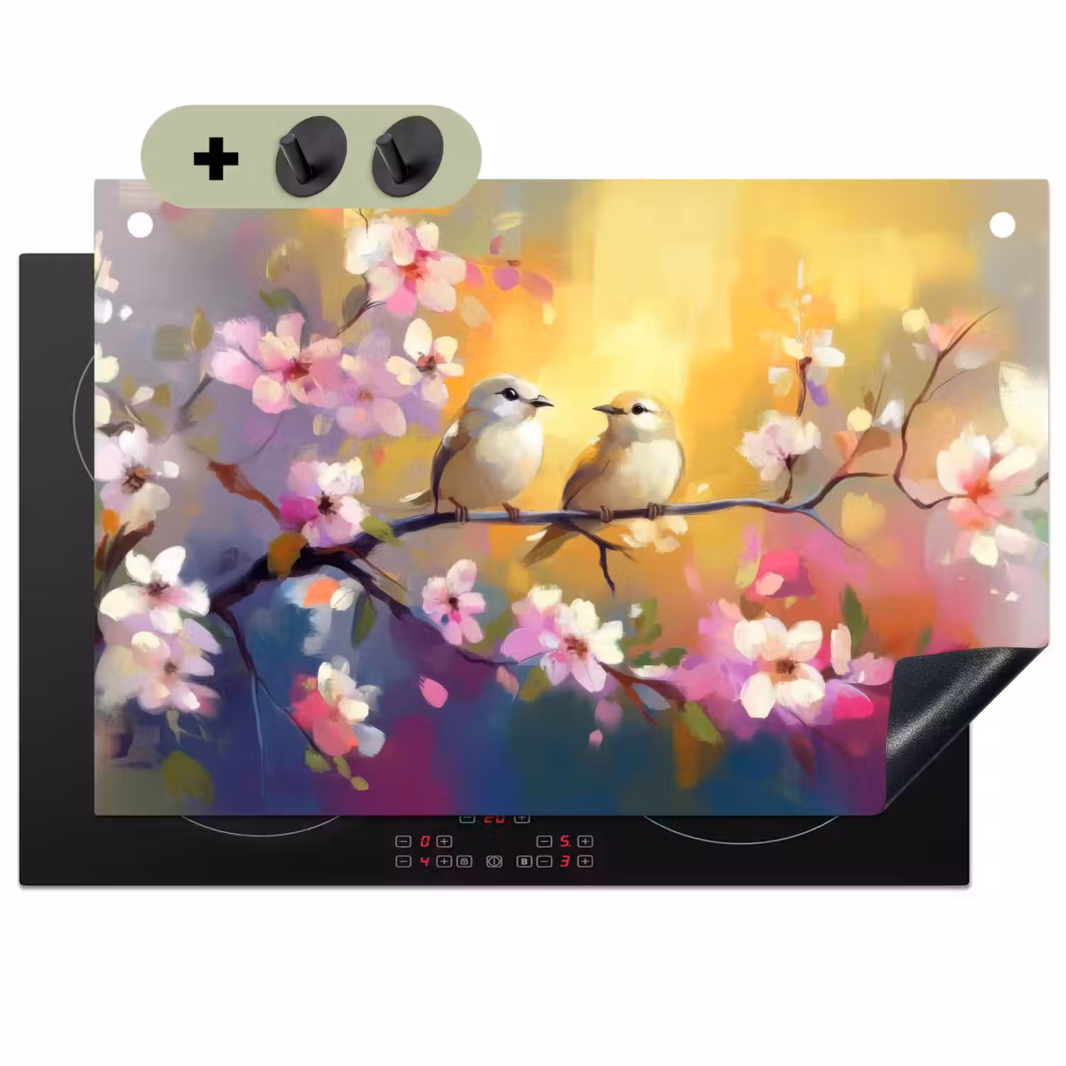 Vogels - Bloemen - Roze Inductie beschemer met haakjes klein -3d