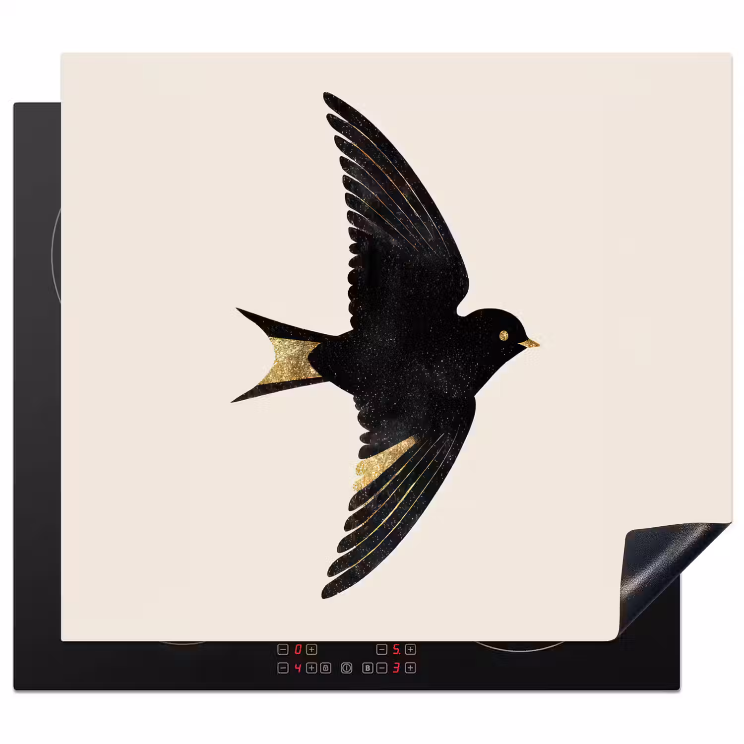 Zwarte zwaluw - Gouden accenten - Lichte achtergrond Inductie beschermer vinyl 3mm middel -3d