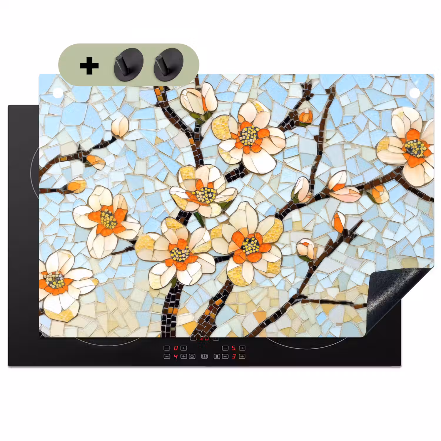 Bloesems - Wit - Mozaïek - Tak Inductie beschemer met haakjes klein -3d