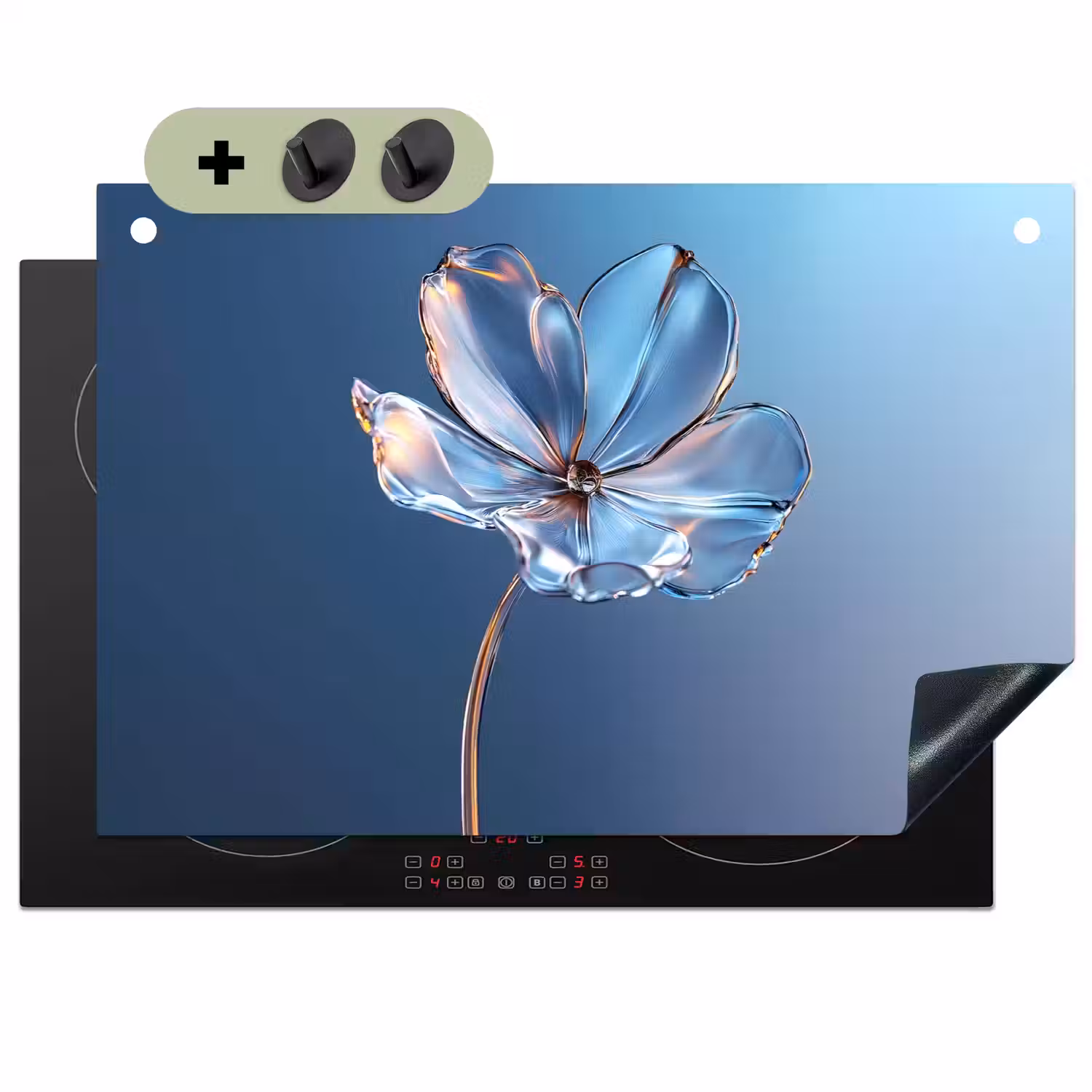 Blauw - Bloem - Glazen - Sierlijk Inductie beschemer met haakjes klein -3d