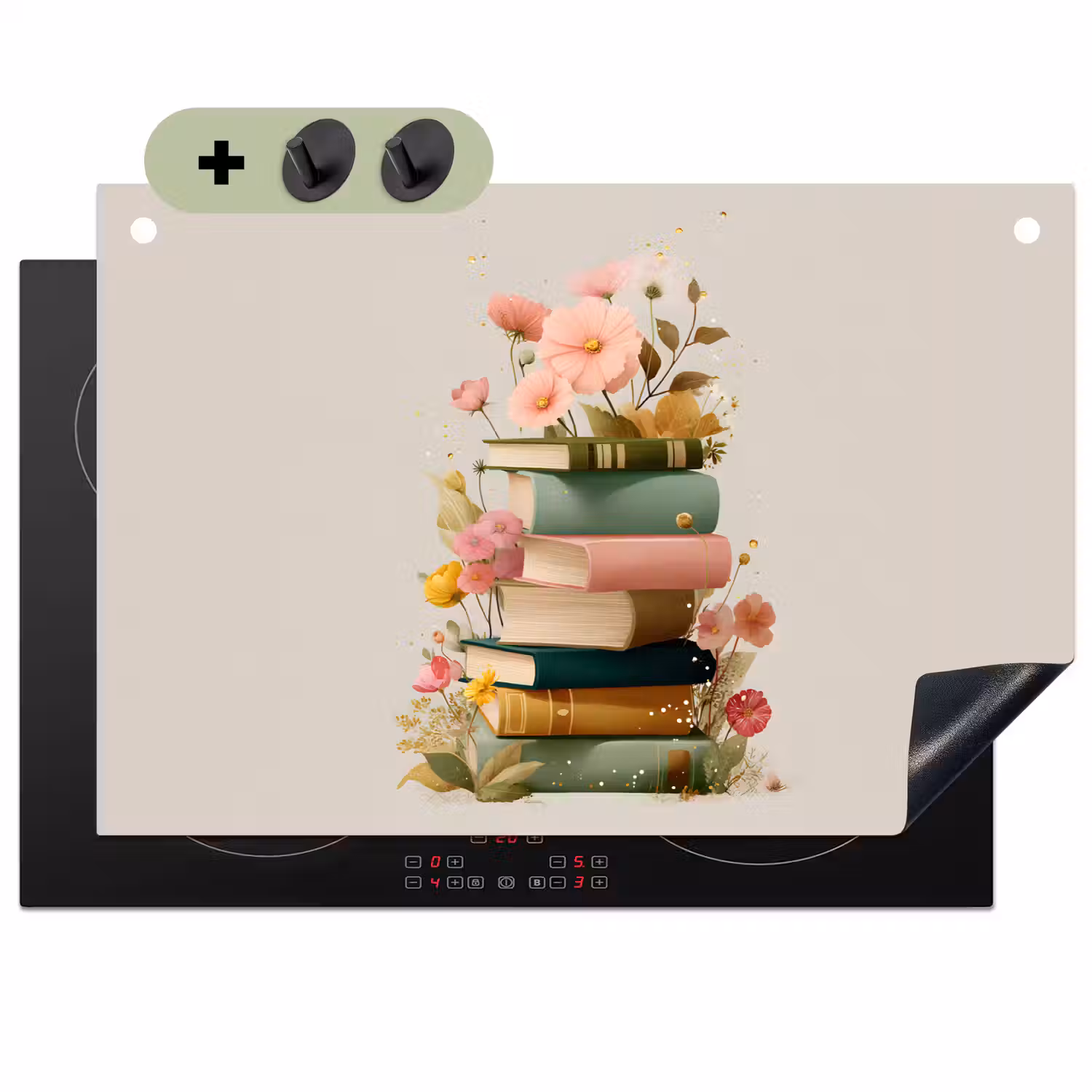 Boeken - Stapel - Bloemen - Kleurrijk Inductie beschemer met haakjes klein -3d