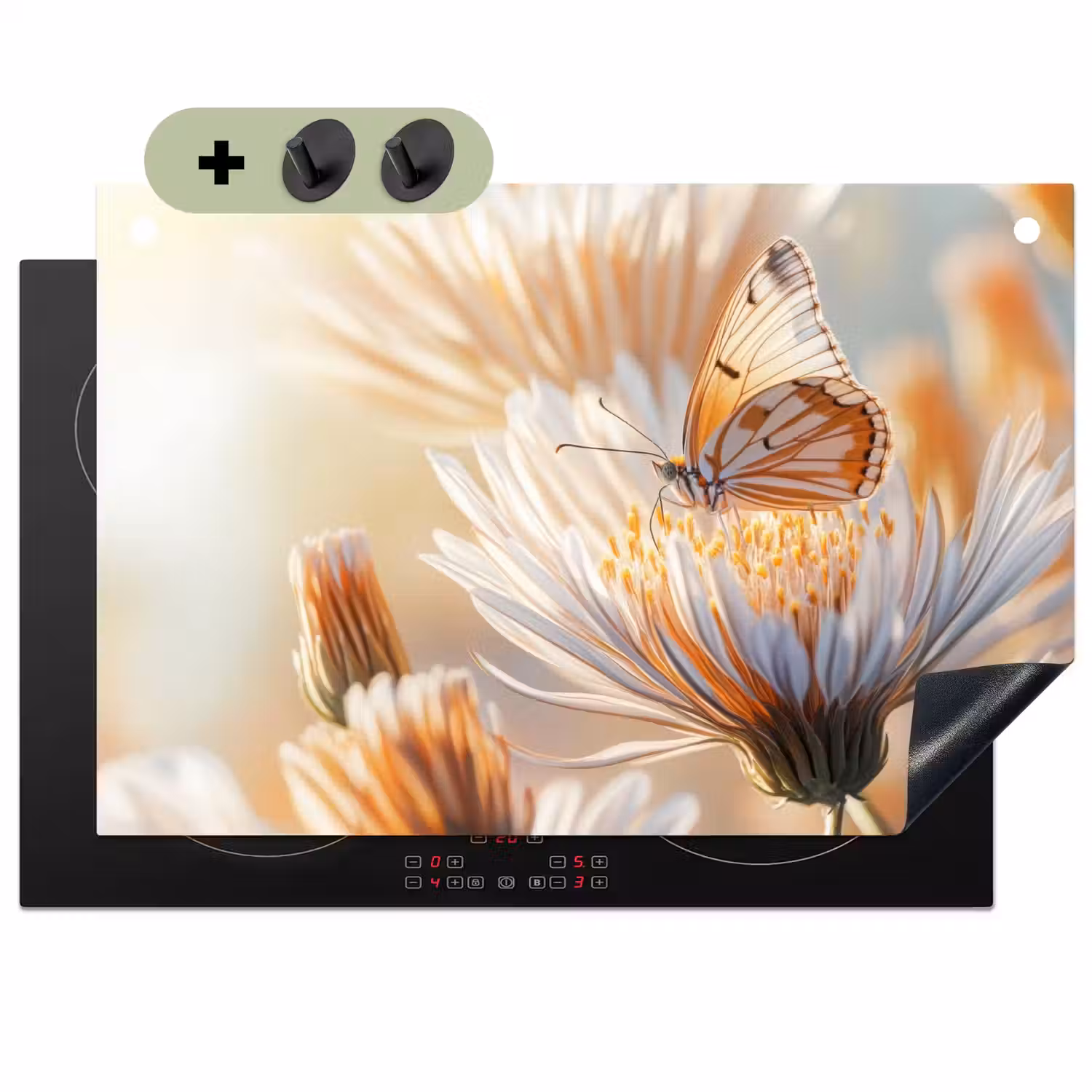 Vlinder - Bloem - Oranje Inductie beschemer met haakjes klein -3d