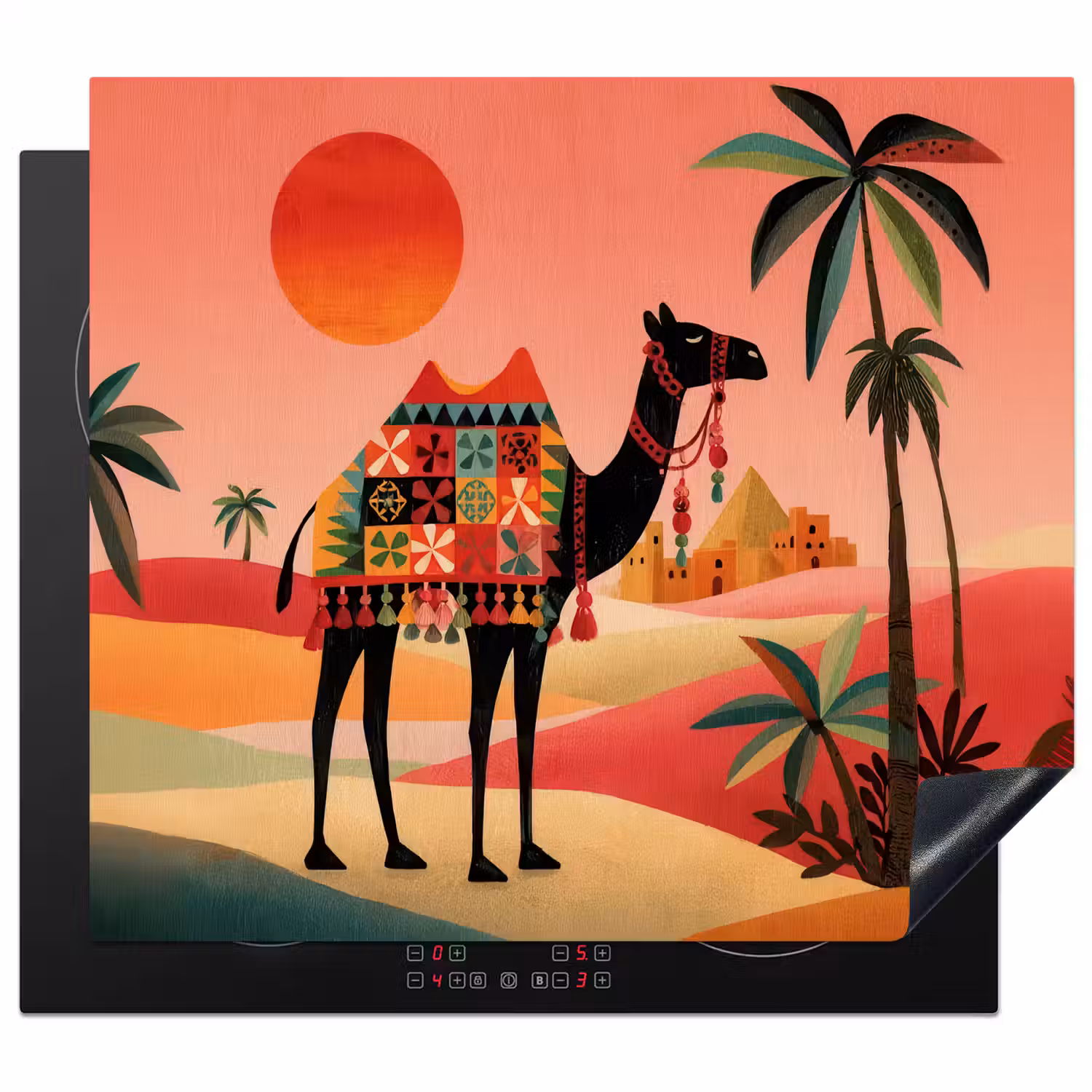 Kameel - Gekleurd tapijt - Duinen - Rode zon Inductie beschermer vinyl 3mm middel -3d