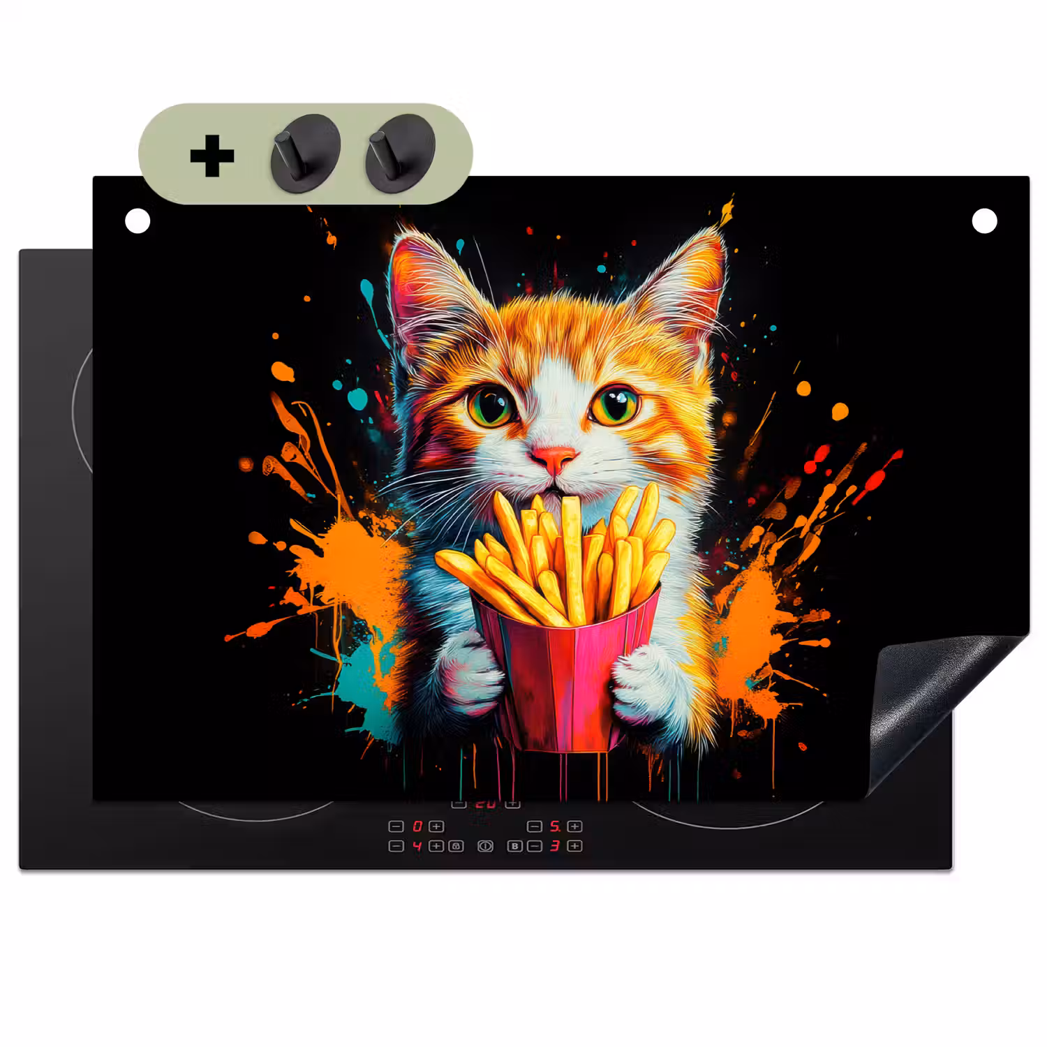 Kat - Eten - Patat - Graffiti - Abstract Inductie beschemer met haakjes klein -3d