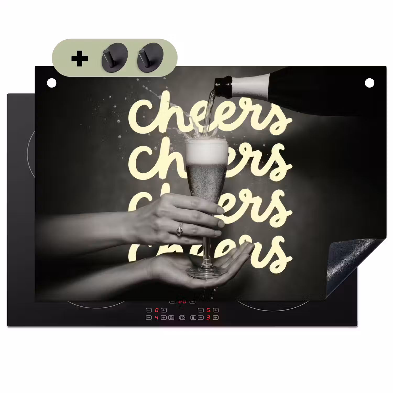 Cheers - Wijn - Zwart - Wit Inductie beschemer met haakjes klein -3d