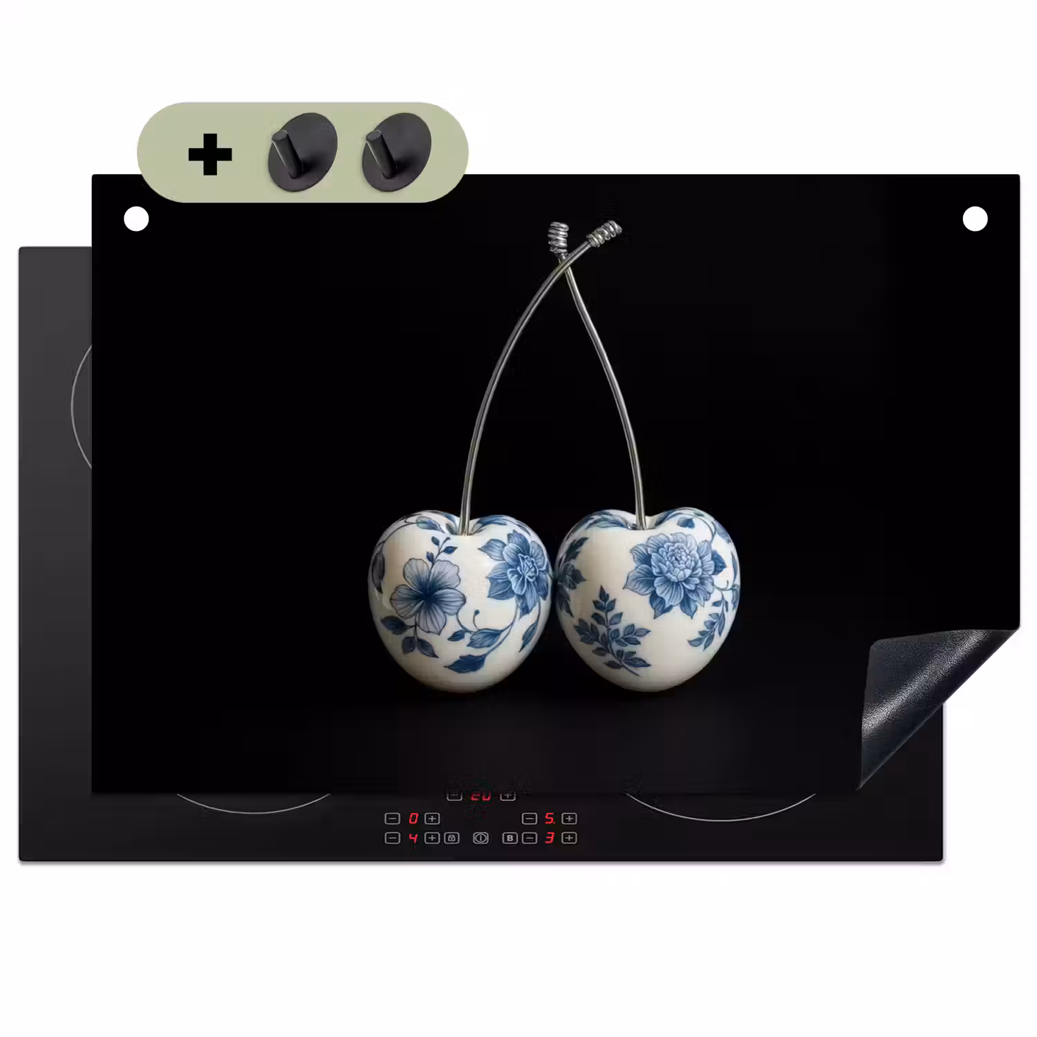 Kersen - Delfts blauw - Fruit Inductie beschemer met haakjes klein -3d