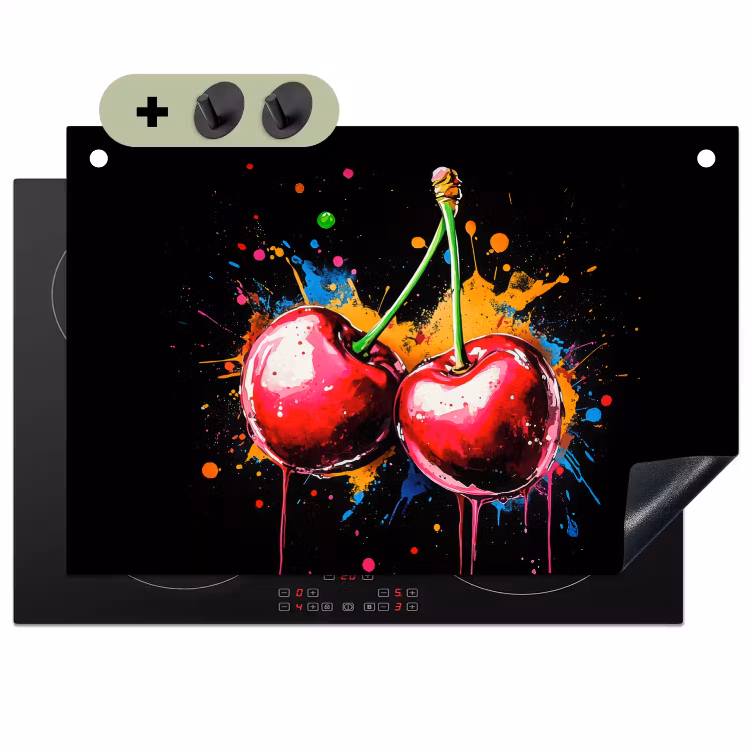 Kersen - Fruit - Graffiti - Verf - Abstract - Modern - Kleurrijk Inductie beschemer met haakjes klein -3d