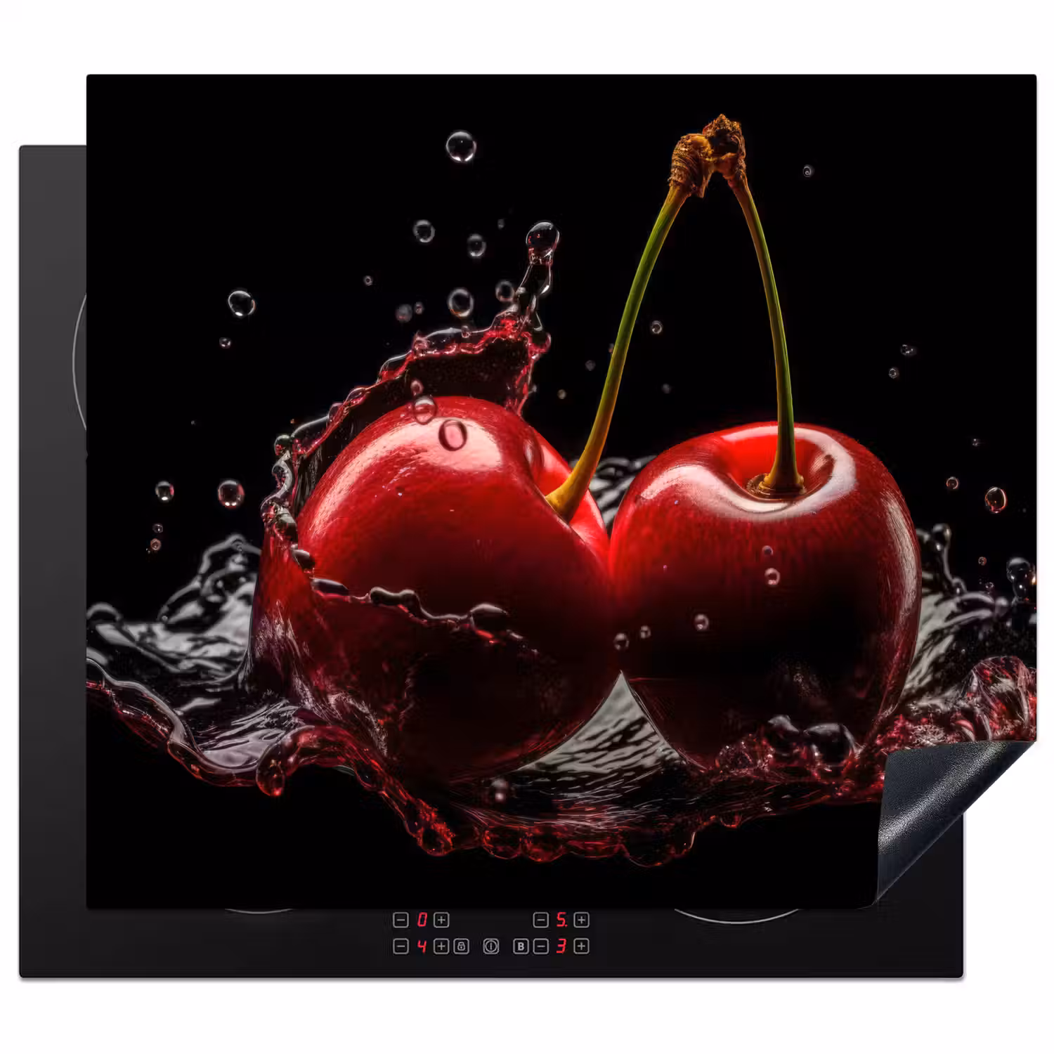 Kersen - Rood - Fruit - Water - Zwart Inductie beschermer vinyl 3mm middel -3d