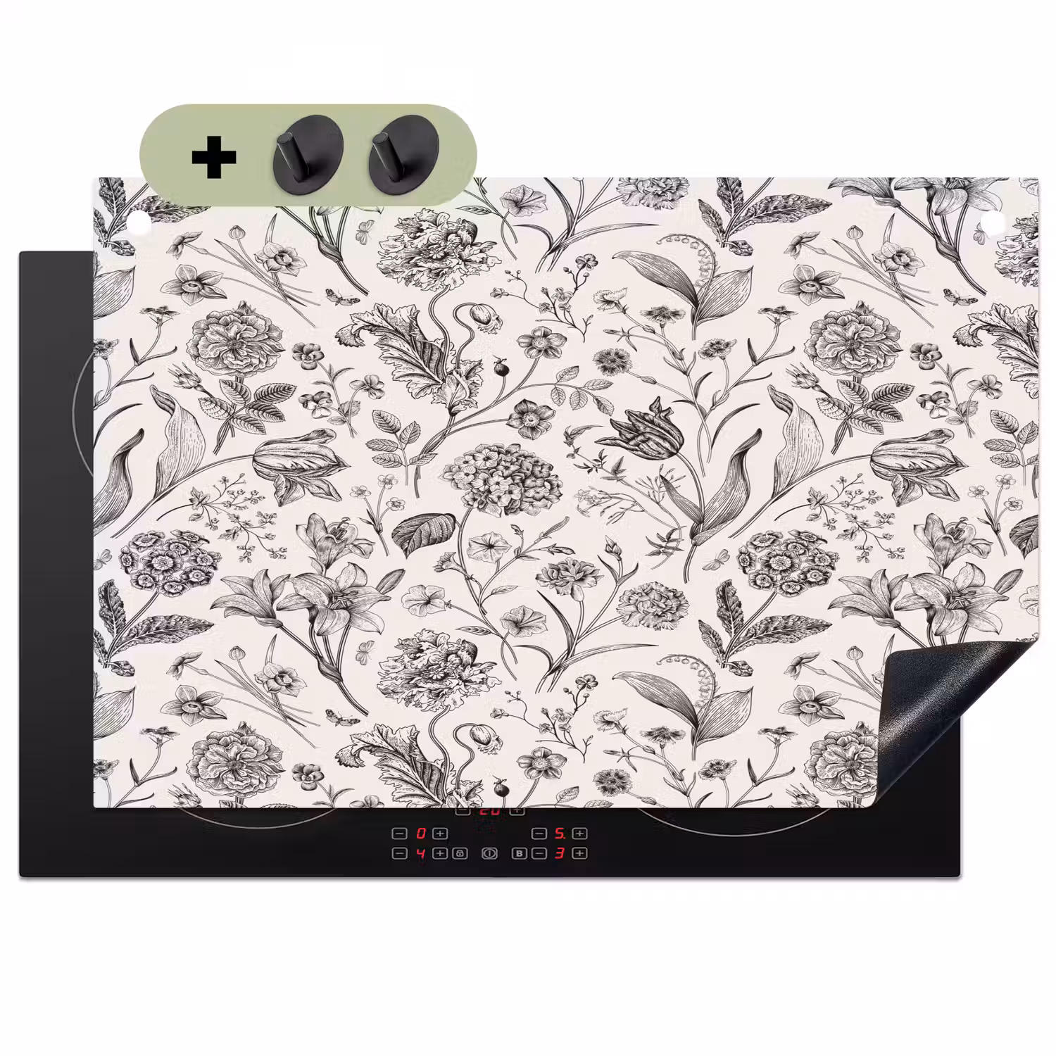 Classic - Black - White - Floral Inductie beschemer met haakjes klein 777 -3d