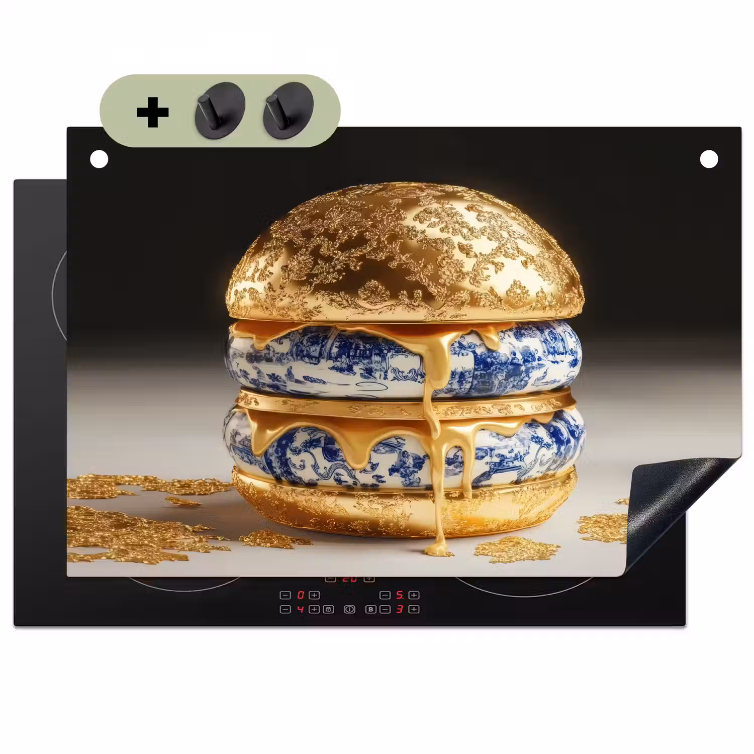 Delftsblauw - Goud - Burger Inductie beschemer met haakjes klein -3d