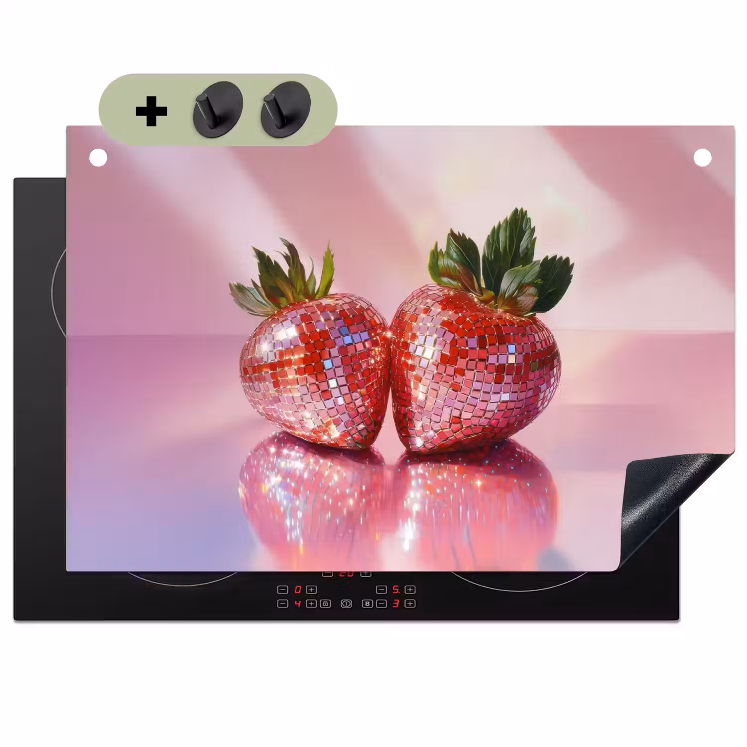 Disco - Fruit - Glitter - Strawberry Inductie beschemer met haakjes klein -3d
