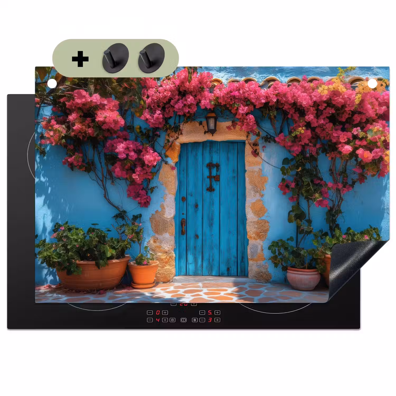Deur - Hout - Bloemen - Blauw Inductie beschemer met haakjes klein -3d