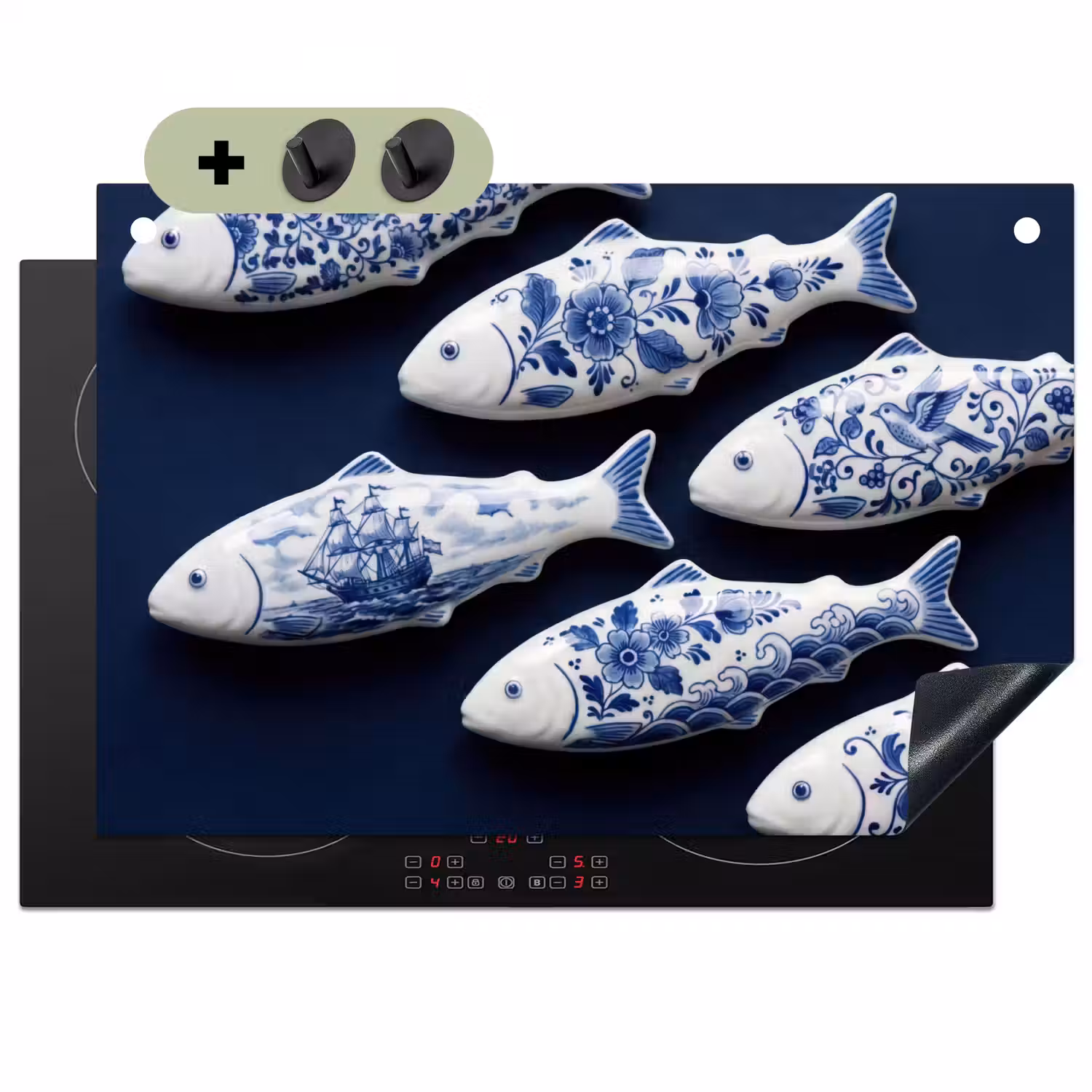 Vissen - Delfts - Blauw - Keramiek Inductie beschemer met haakjes klein -3d