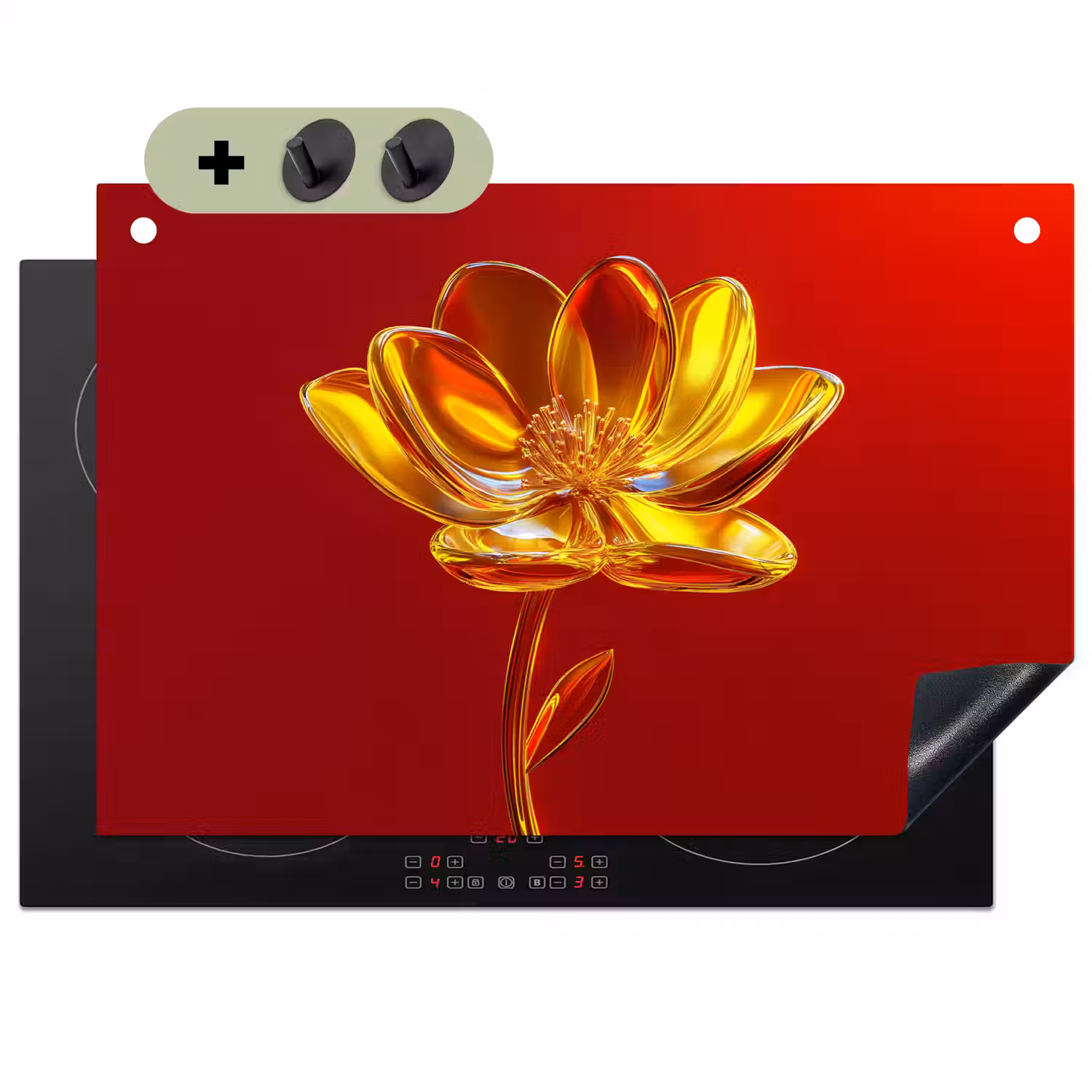 Bloem - Goud - Glazen Inductie beschemer met haakjes klein -3d