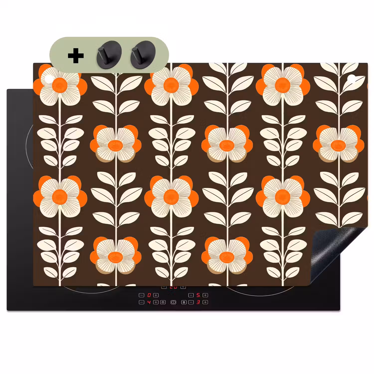 Bloemen - Retro - Bruin Inductie beschemer met haakjes klein 777 -3d