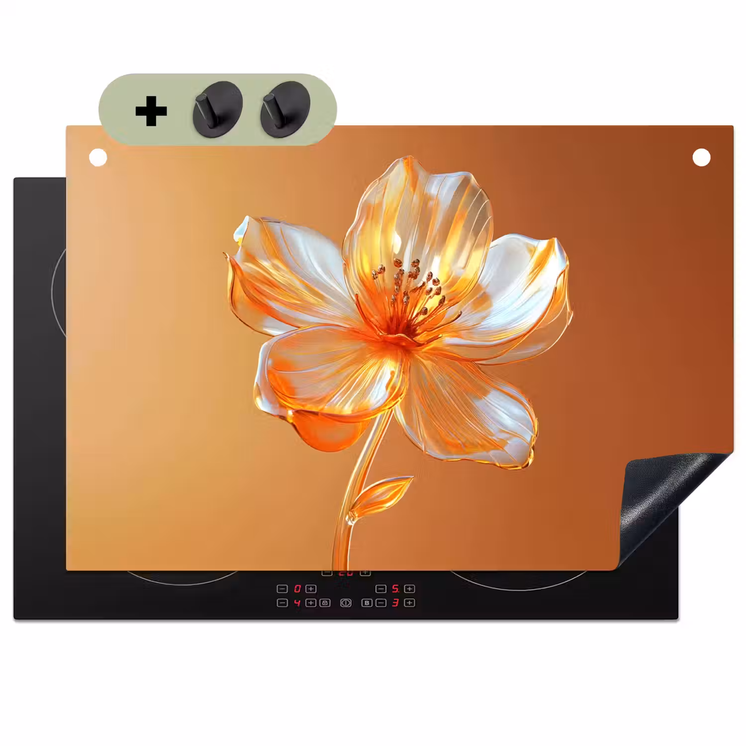 Glazen - Bloem - Oranje Inductie beschemer met haakjes klein -3d